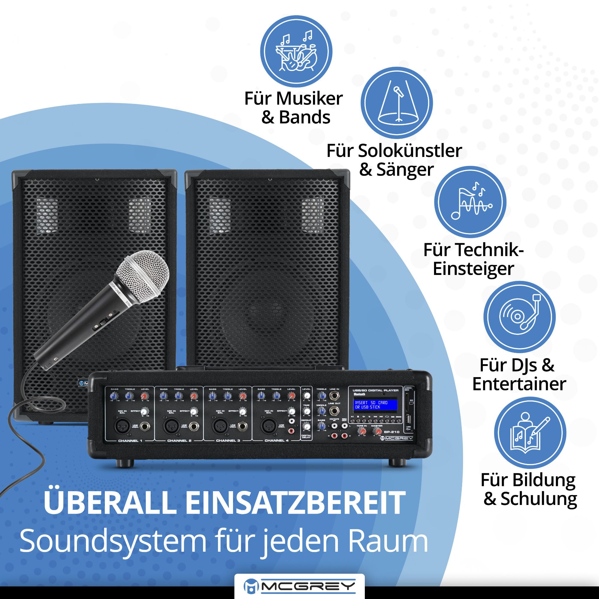 McGrey BP-210 Bandpack PA-Anlage 4-Kanal Powermixer Bluetooth 2-Wege-Lautsprecher 10" Woofer Horn 100 Watt