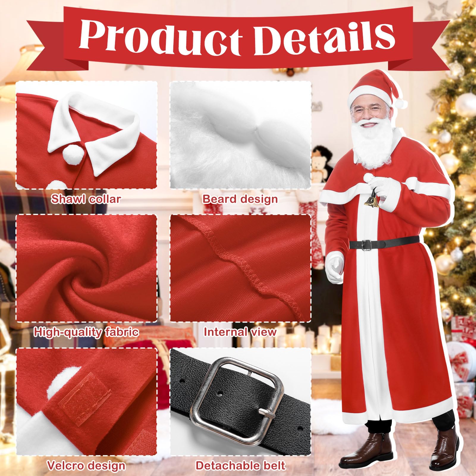 Joyesplay Santa Costume Adult Men,Father Christmas Outfit Santa Suit with Jacket Pants Xmas Party Cosplay Set (8 PCS) - Image 4