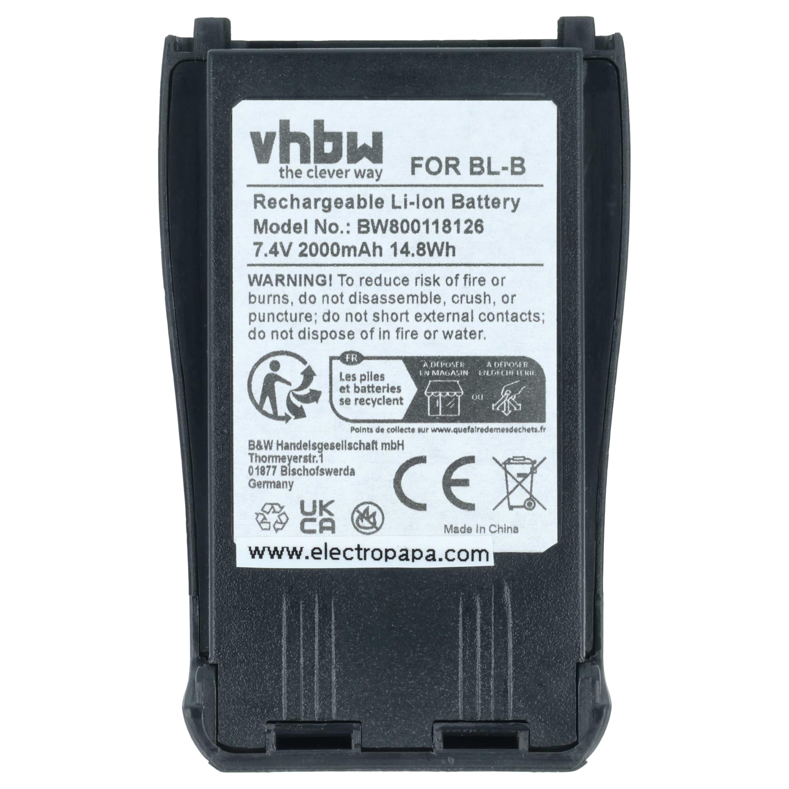 vhbw Batterie Compatible avec Baofeng UV-B6, UV-B5 Radio Talkie-walkie (2000mAh, 7,4V, Li-ION)