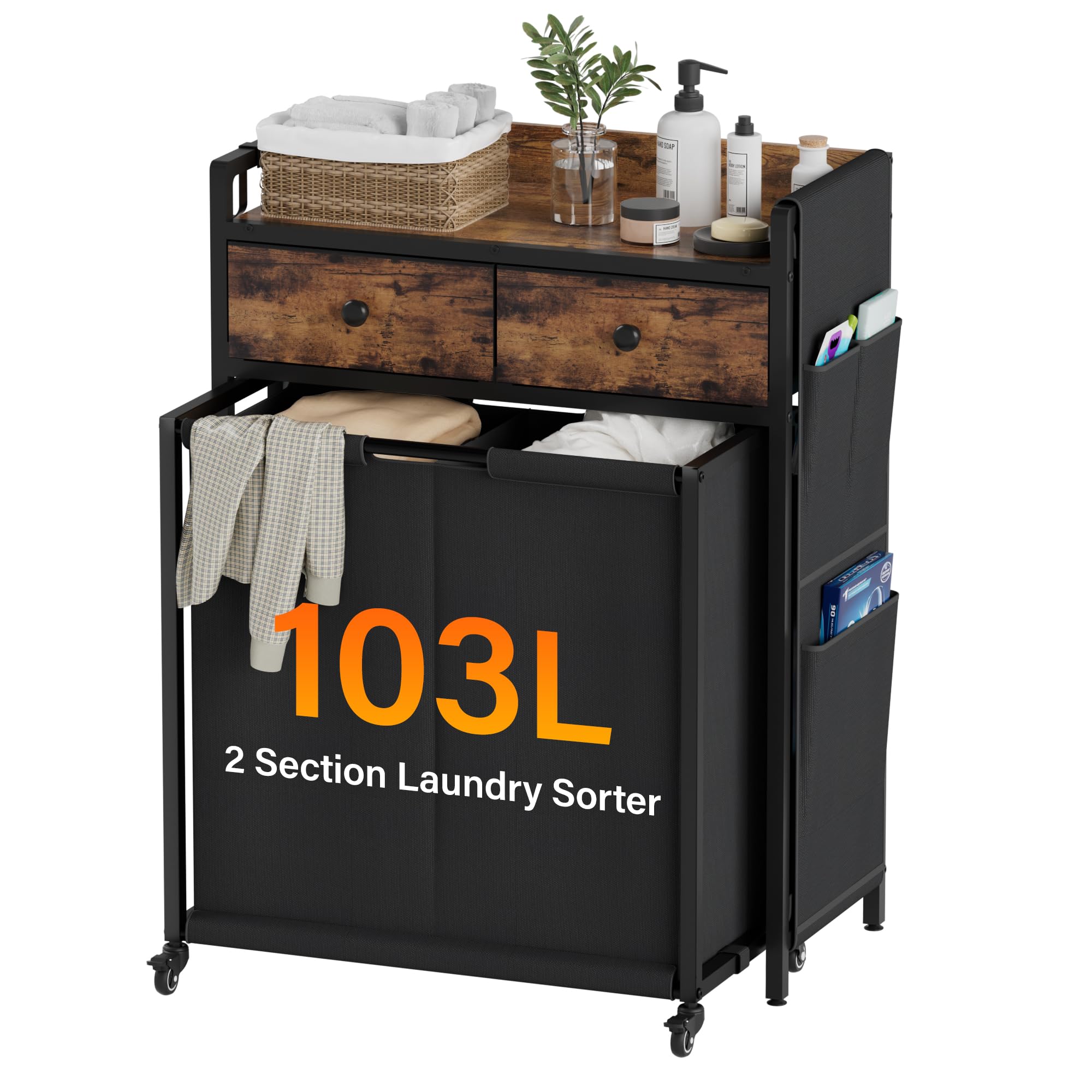 SAKSUN Laundry Sorter 2 Section: Laundry Hamper Basket with Shelf and Wheels - Rolling Laundry Basket Organizer with Drawers and Pull-Out Cart - Clothes Hamper for Laundry Room Bathroom Bedroom