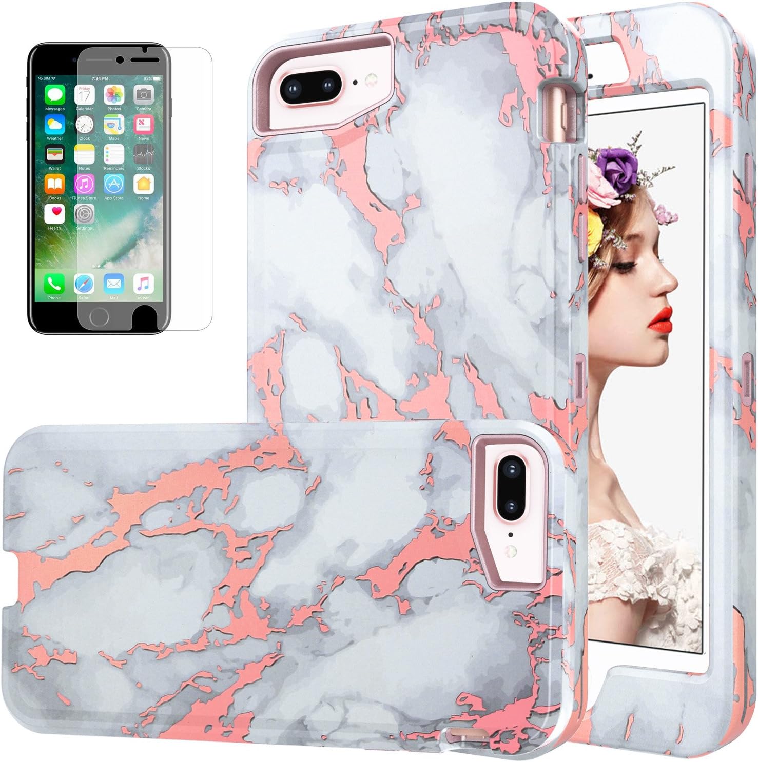 WALAGO iPhone 7 Plus Case, Shiny Rose Gold White Marble Case Heavy Duty Hybrid 3-Layer Full-Body Protect Case Soft TPU + Hard Plastic Back Cover for Apple iPhone 7 Plus& 8 Plus 5.5 inch