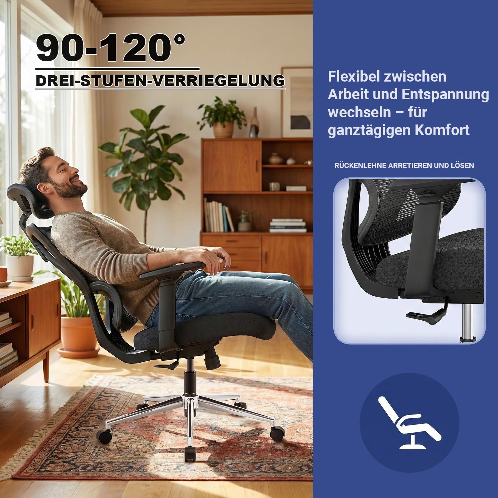 MELOKEA Bürostuhl Ergonomisch 150 kg, Federkern-Sitzpolster | Schreibtischstuhl für Homeoffice und langes Sitzen mit dynamischer Lendenstütze, 3D-Armlehnen und EN1335