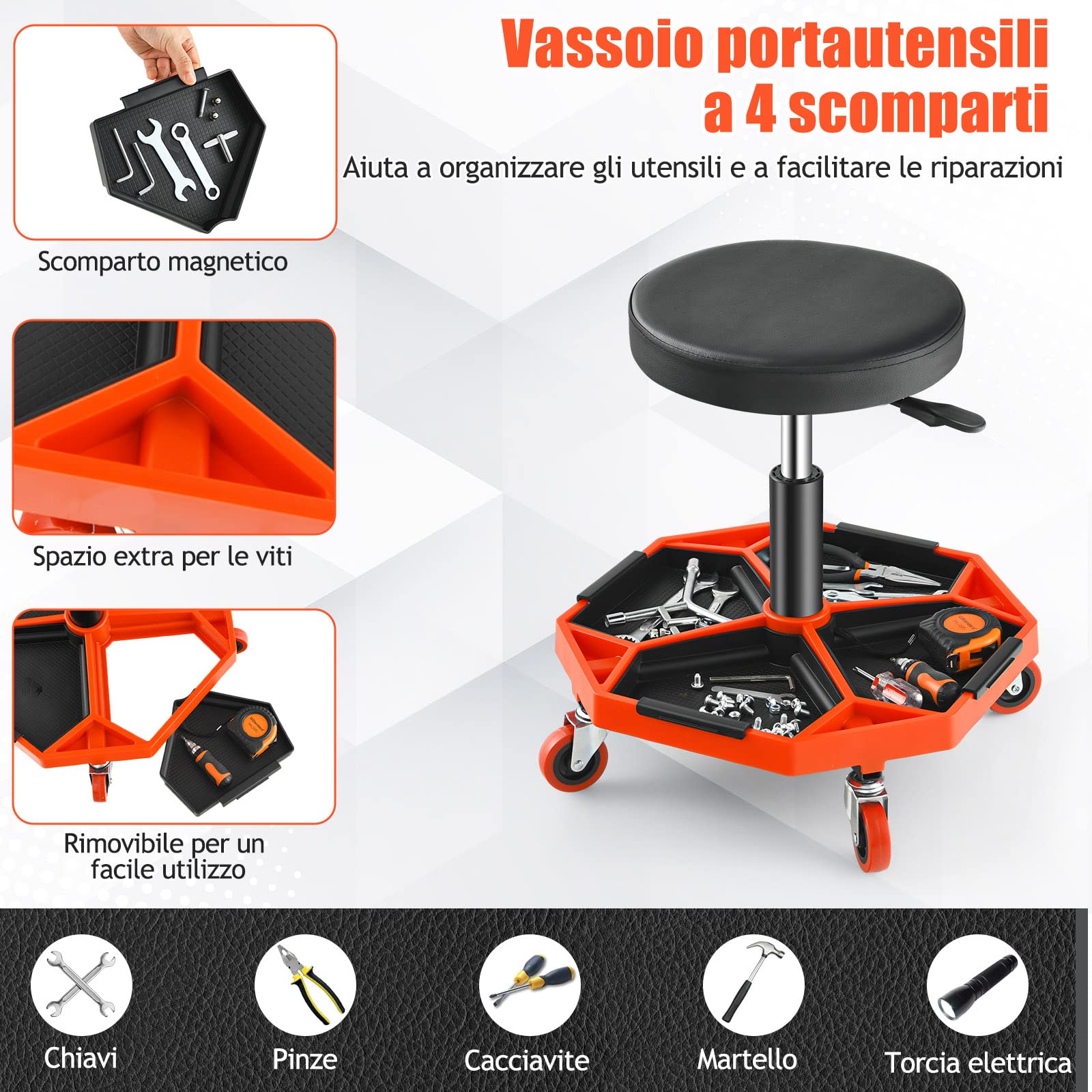 GYMAX Sgabello da Officina, Banco di Riparazione Auto a 4 Ruote, Altezza Regolabile, Portata di 150 kg, Stoccaggio Utensili, con Ripiano Porta Attrezzi, Sedile Imbottito