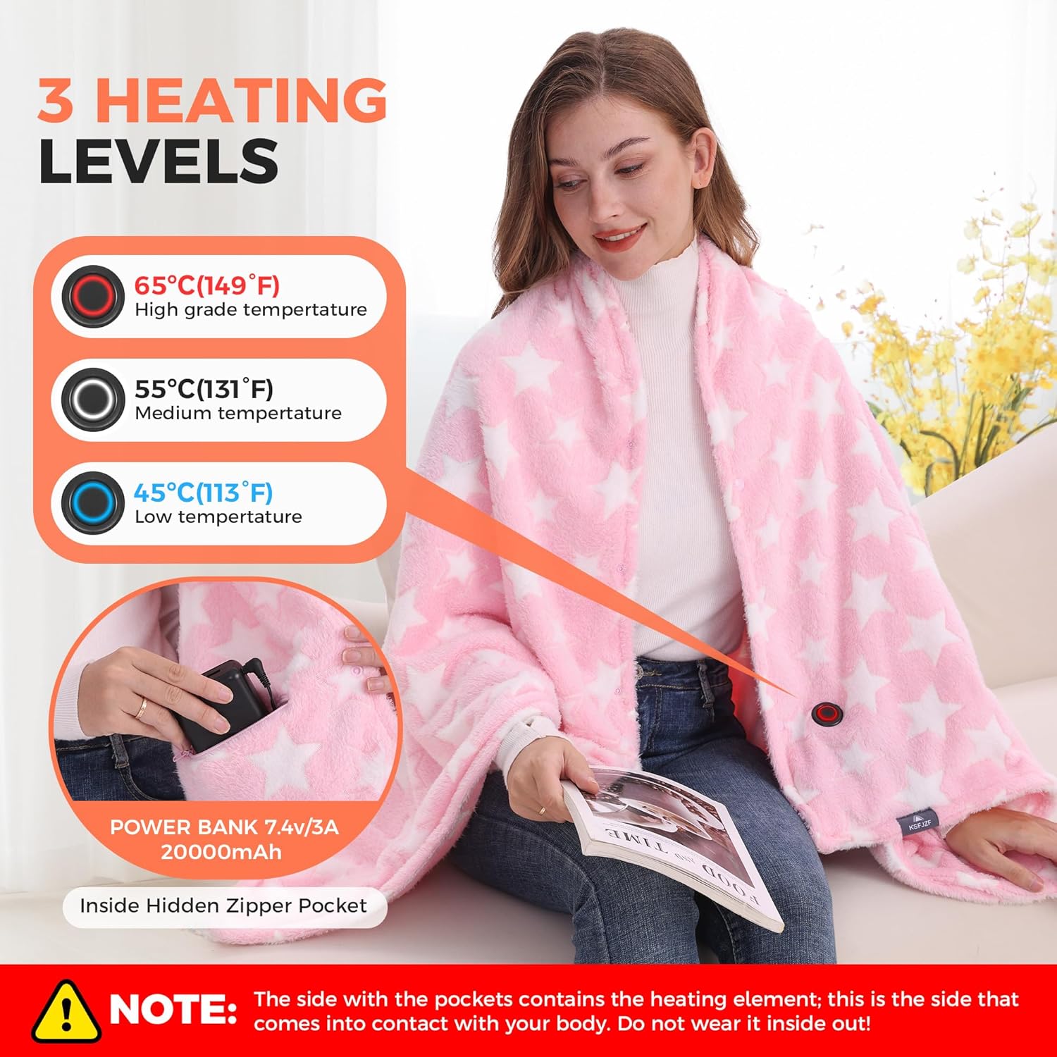 Heated Blanket, Cordless Portable Heated Throw Blanket, Battery Operated Heating Blanket with Rechargeable 20000mAh Power Bank, 59" x 35.5" Electric Heated Shawl, 3​​ Fast-Heating Levels (Pink) - Image 4