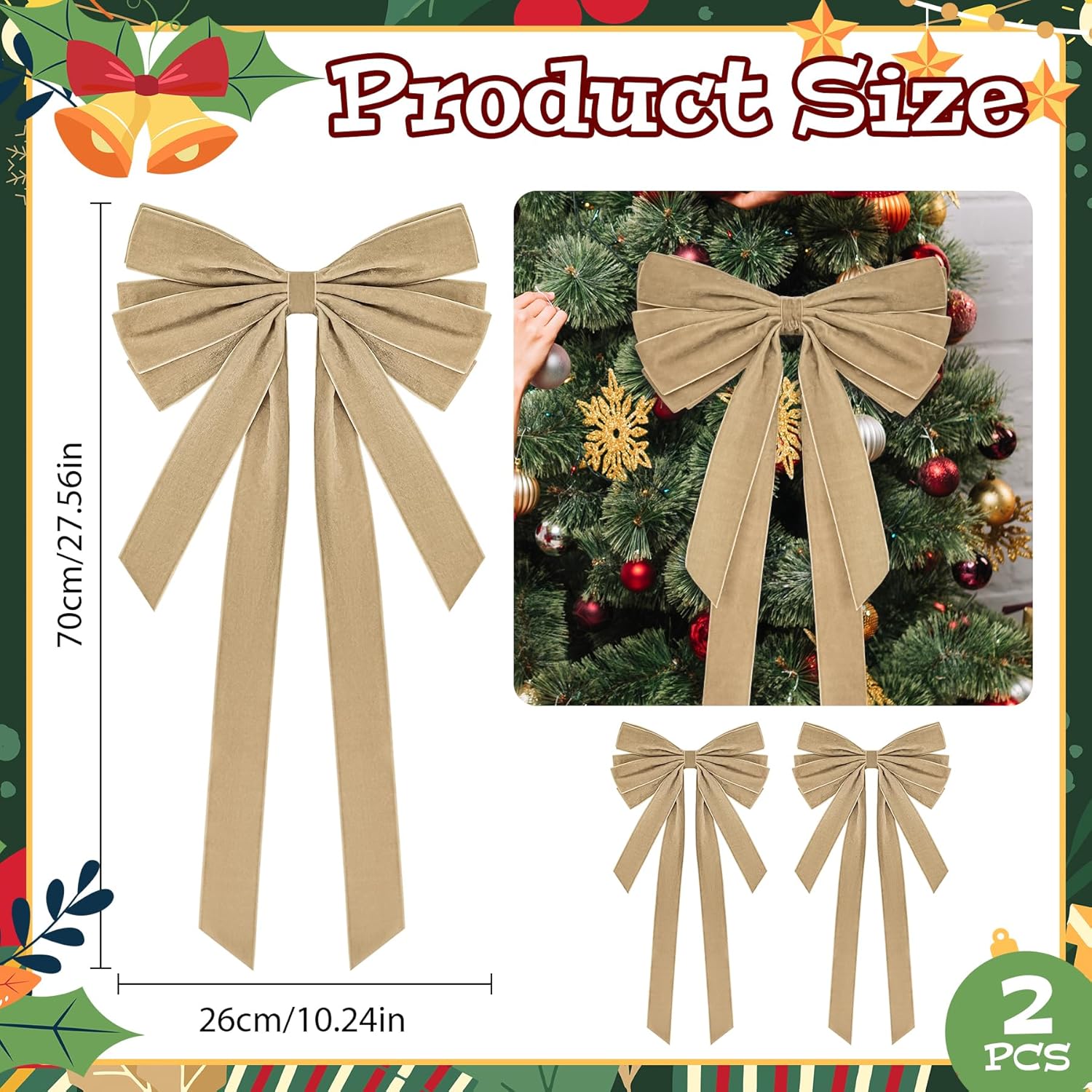 2 Pcs Large Christmas Velvet Bows 10" x 27.5" Christmas Bows Tree Ornament Xmas Velvet Ribbon Bow for Gift Wrapping Wreaths Garland Holiday Home Front Door Decor (Khaki) - Image 2