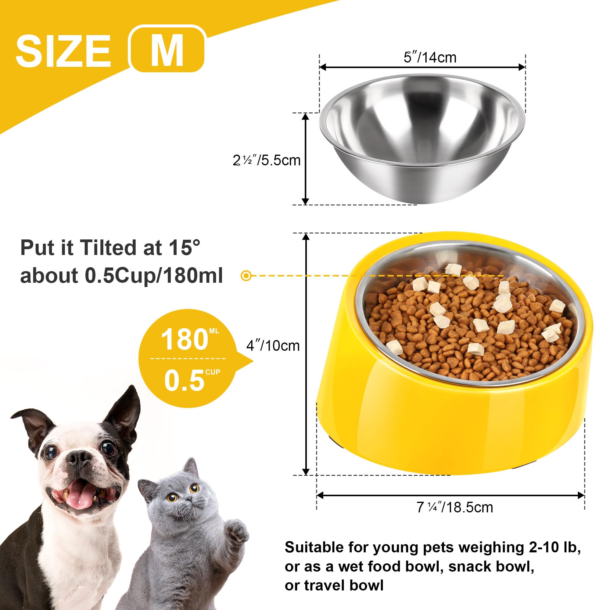 Cuenco inclinado de acero inoxidable inclinado de 15° para perros y gatos, comedero antideslizante y antiderrames, con soporte de melamina desmontable elevado, plato fácil de conseguir,