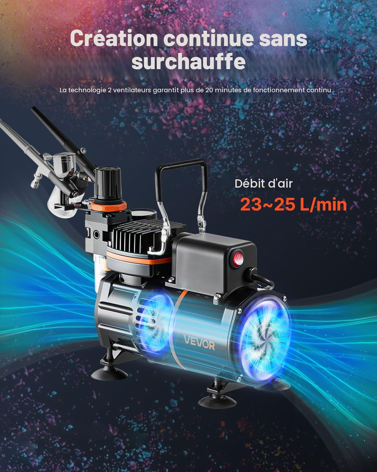 VEVOR Kit Aérographe avec Compresseur d’Air 1/6 HP, Compresseur Aérographe avec 3 Pistolets à Double Action,3 Buses, Tuyau, Peinture Acrylique, 2 Ventilateurs, Décoration Pâtisserie Onglerie