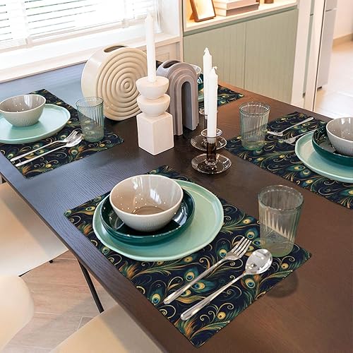 Miniatura 6 de Dining Table Placemats Set of 4-12x18 Inch Elegant Peacock Feathers (A) Print Faux Linen Double Heat Resistant Place Mats, Kitchen Table Mats,