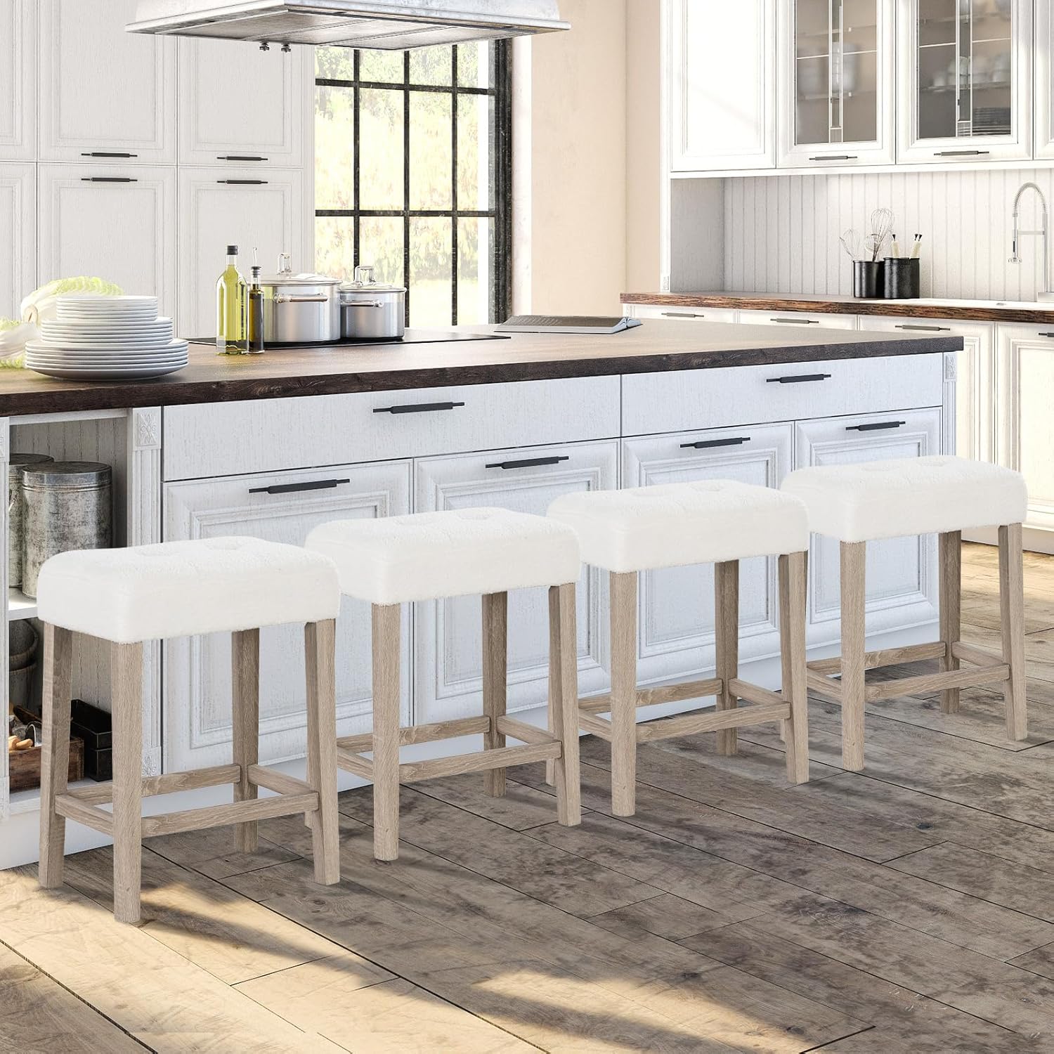 COSTWAY Wooden Bar Stools Set of 4, Modern Sherpa Fabric Counter Chairs with Rubber Wood Legs, Footrest, Upholstered Stools for Kitchen Island Dining Room Restaurant, White+Oak Grey