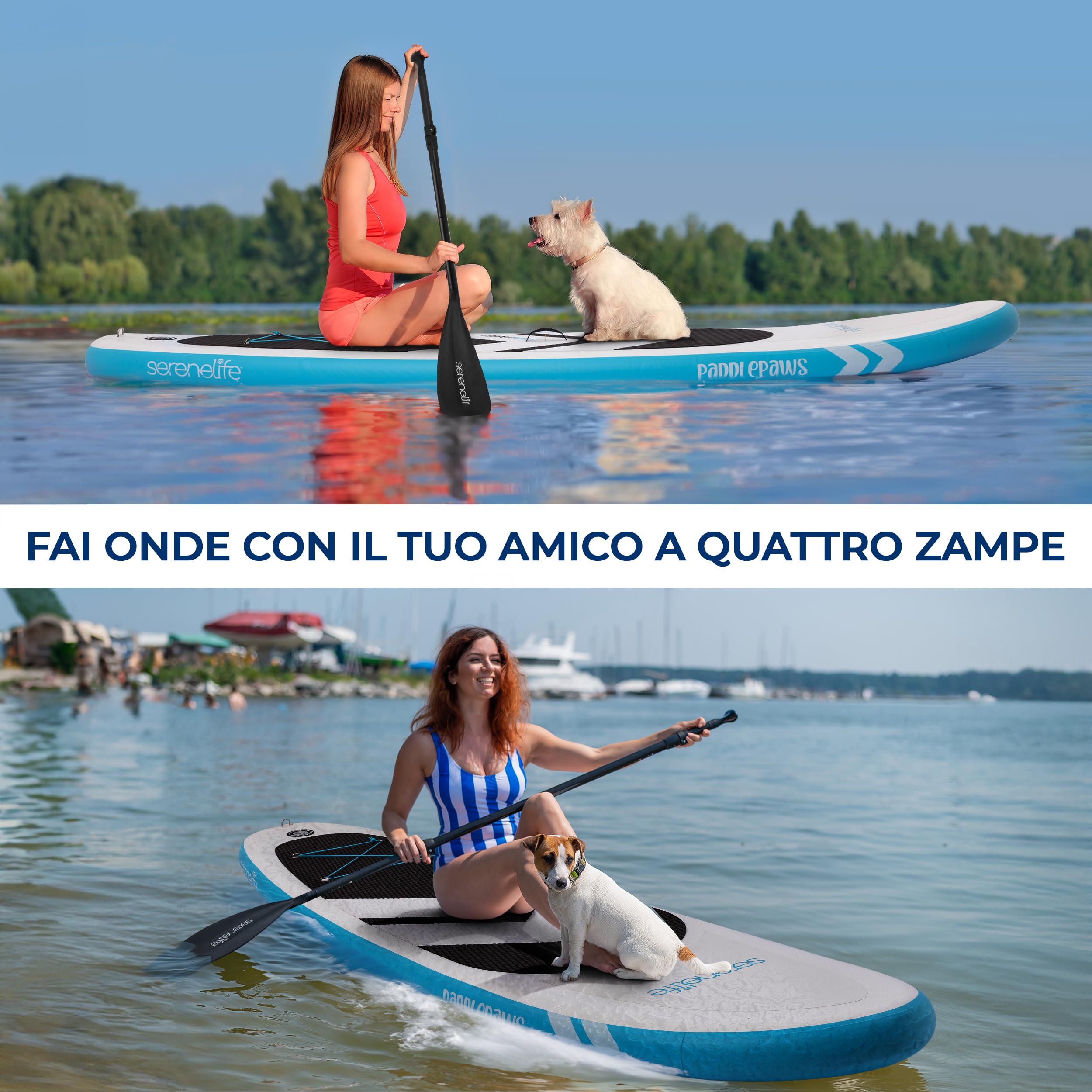 SereneLife SUP Gonfiabile XL, Tavola Sup Extra Larga per Adulti e Animali, Stand Up Paddle Board con Deck EVA Antiscivolo, Design Stabile, Accessori Premium, Capacità 200-220 kg