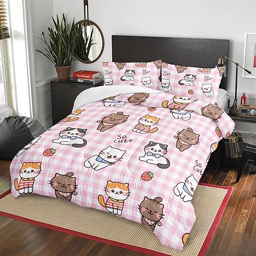 Miniatura 2 de AILONEN Juego de edredón de gato tamaño matrimonial, lindo juego de ropa de cama para niños con diseño de fresas y gatos para decoración de