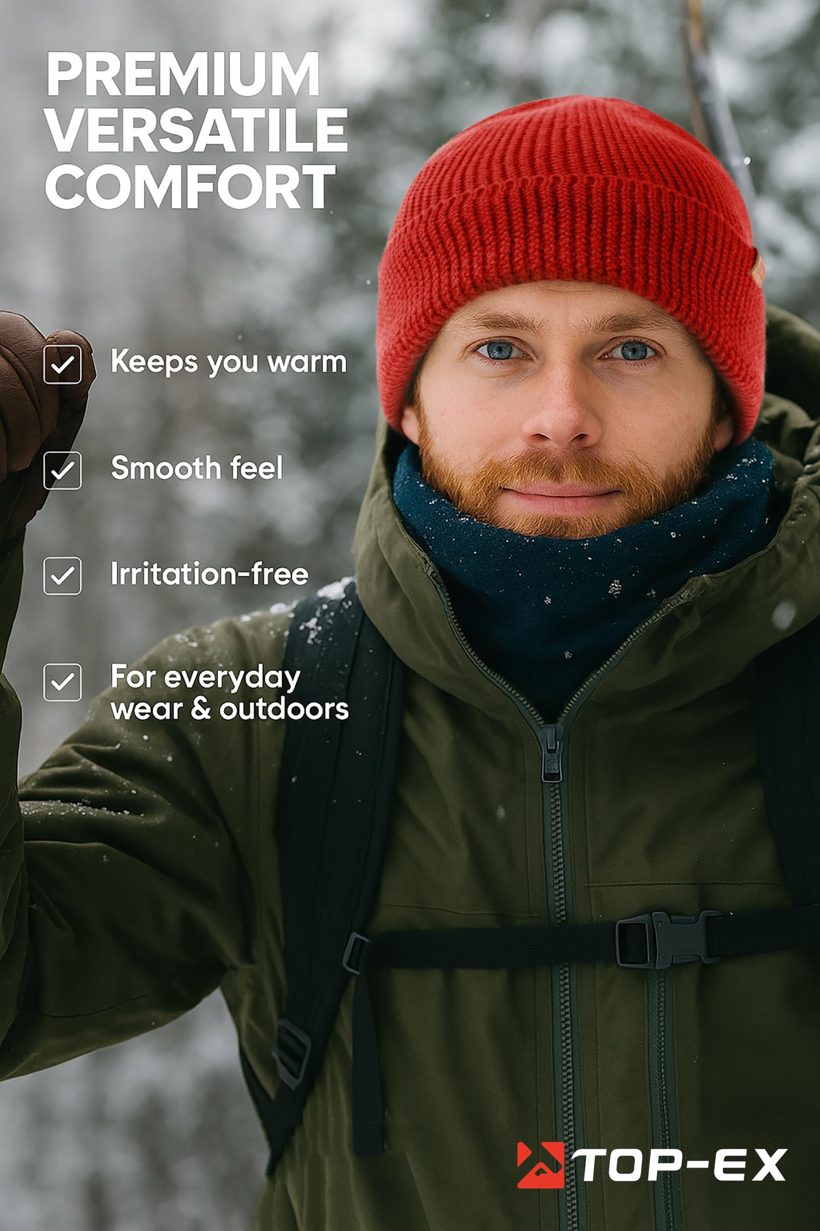 TOP-EX Gorro de lana merino 100 % con puños, punto de una sola capa, sombreros de lana de invierno para hombres y mujeres, 55-66 cm