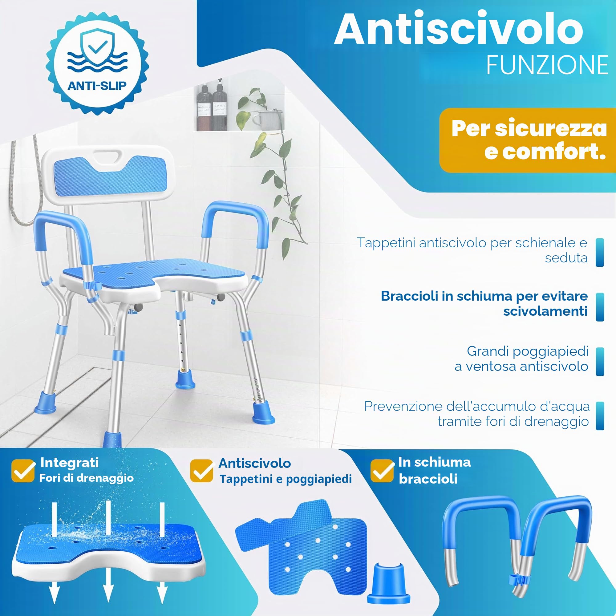 KESSER® Sgabello da doccia con schienale per anziani e sedia da doccia in gravidanza, portata 150 kg, 6 livelli, altezza regolabile 38-54 cm, con piedini antiscivolo, tappetini e supporto per doccia