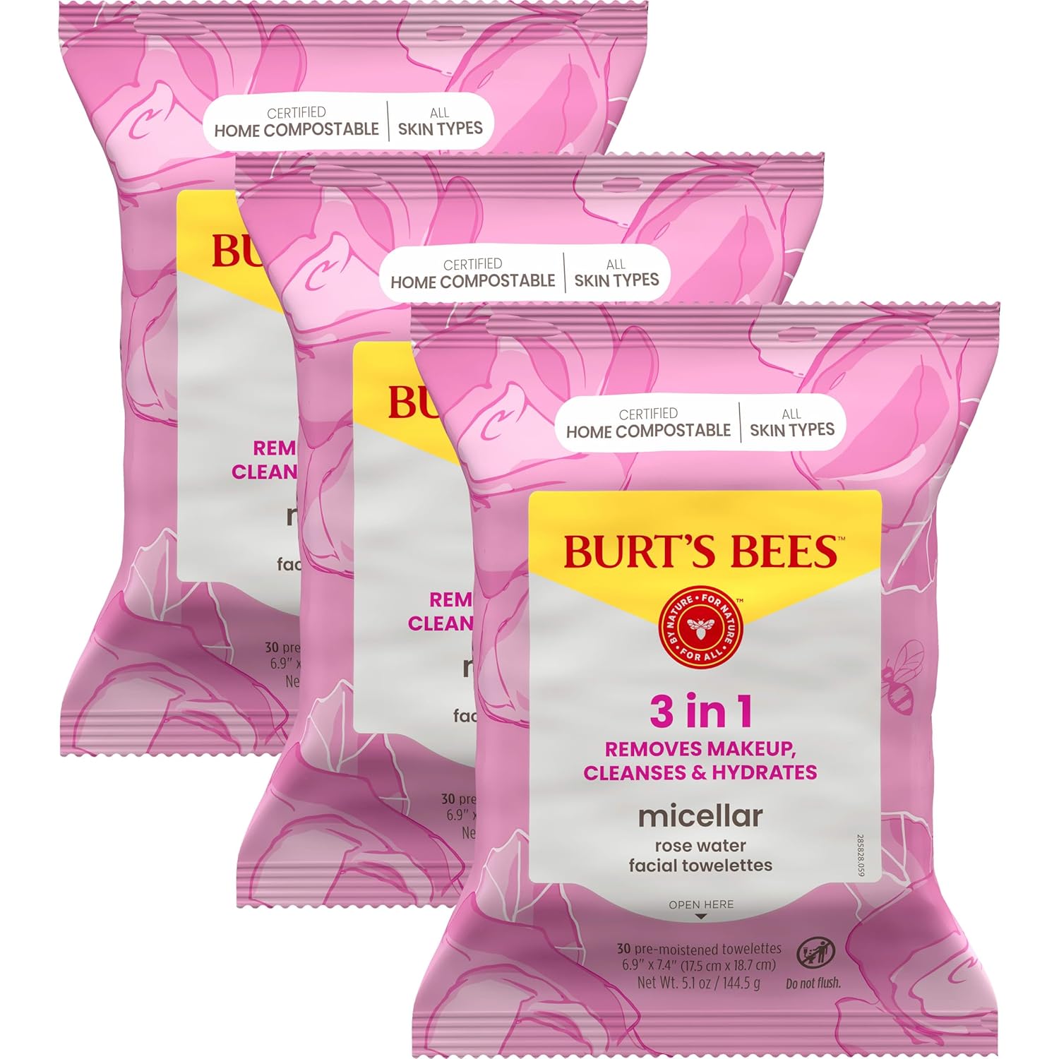Burt's Bees Rose Water Face Wipes, for All Skin Types, Hydrating Micellar Makeup Remover & Facial Cleansing Towelettes, 30 Ct (3-Pack)