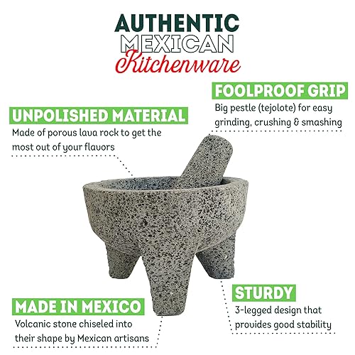 Miniatura 4 de Molcajete Mexicano De Piedra Volcanica Natural Grande de 8 pulgadas - Juego de mortero y mecha de guacamole grande - Cuenco de molienda mexicana -