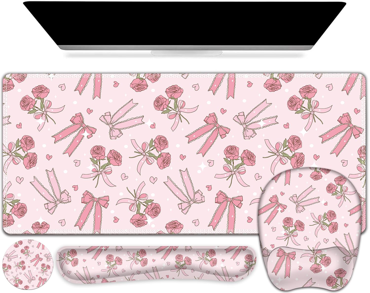 Pink Mouse Pad with Wrist Support 4 in1 Set, XXL Big Game Mousepad + Keyboard Wrist Rest + Mouse Wrist Rest Pad +Coaster Gaming Mat for Home Office Work Computer Laptop PC I Sweet Rose & Heart Bow — image 1