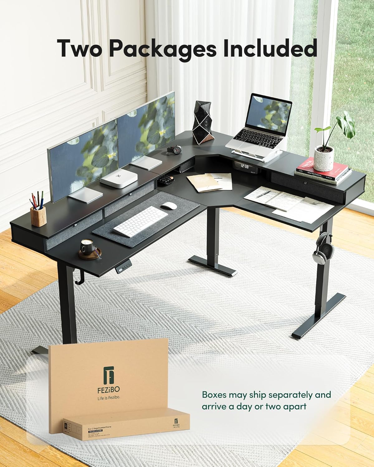 Two cardboard boxes labeled FEZIBO, indicating that the desk ships in two packages.