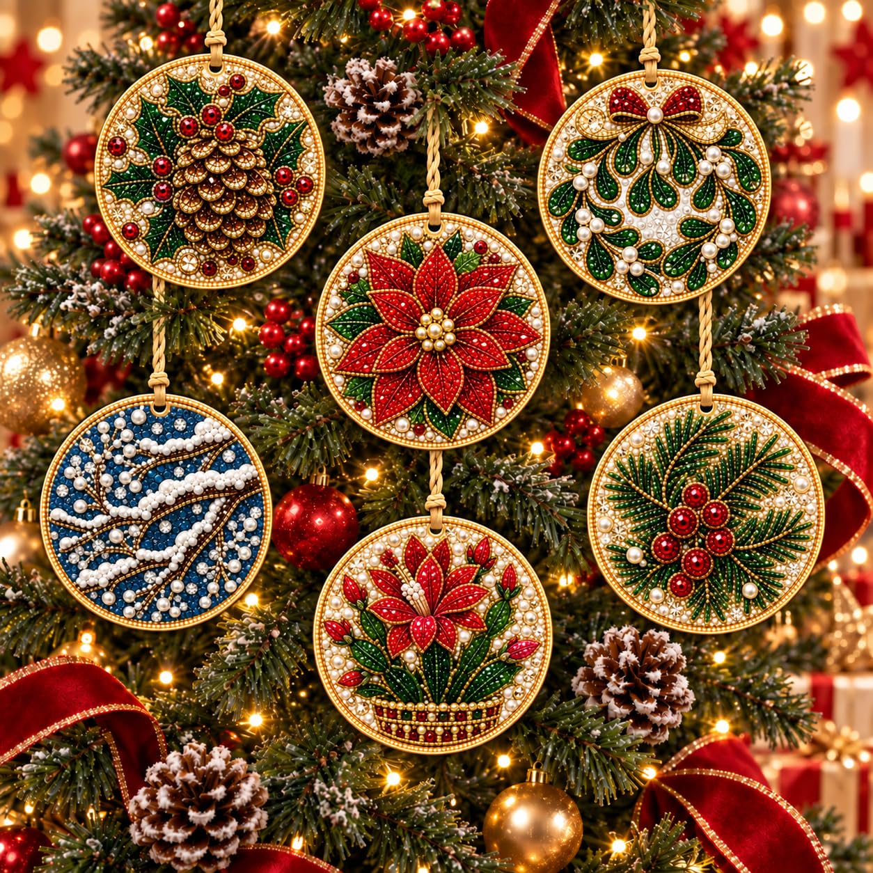 Usper Christmas Wooden Diamond Art 3D Pearl Painting Kit，6PCS H