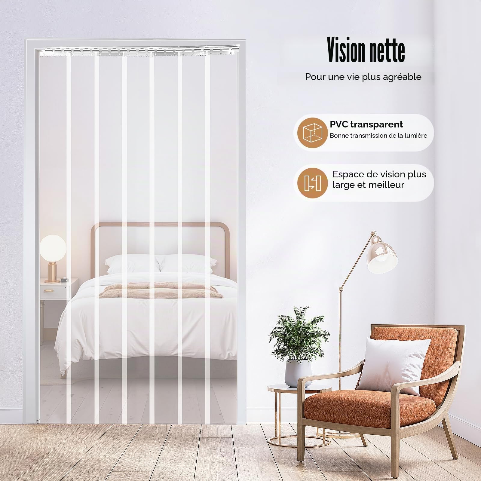 Kit complet de rideau à lamelles en PVC transparent - Hauteur 2 m x largeur 1,05 m - Rideau industriel à lamelles en PVC transparent - Pour portes piétonnes, chambres froides, écurie