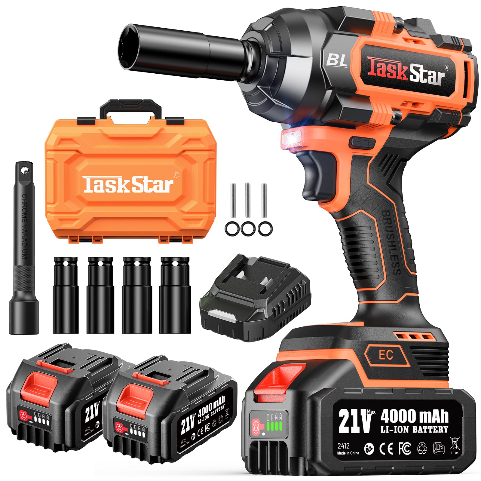 1500N.m Cordless Impact Wrench - 20V Max Brushless 1/2" Impact Gun with 2 x 4.0Ah Batteries & Fast Charger | Removes Stuck Truck Lug Nuts in Seconds |
