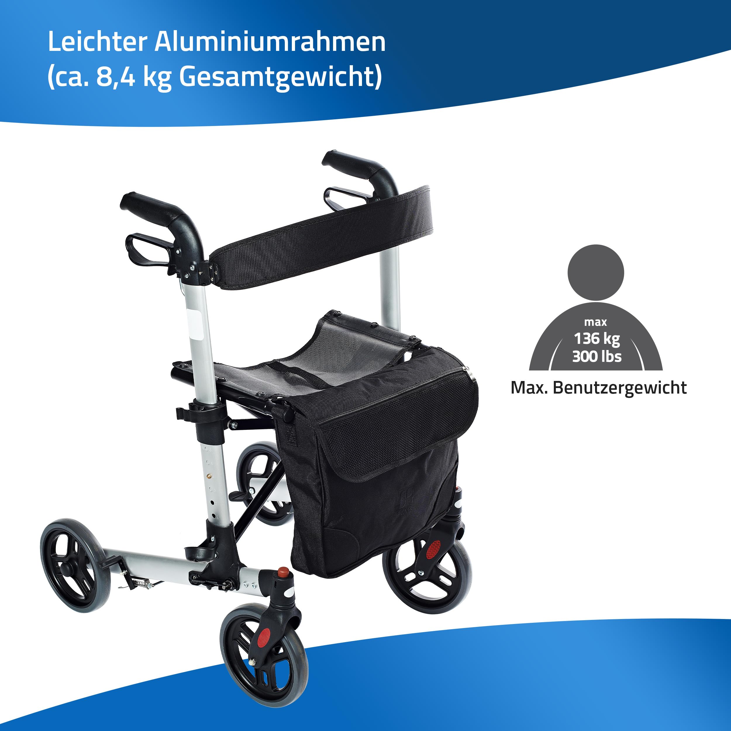 RIDDER – Rollator Mio | Faltbarer Gehwagen mit höhenverstellbaren Griffen, breitem Sitz & Rückengurt. Gehhilfe mit Abnehmbarer Einkaufstasche & Gehstockhalter | Belastbar bis 136kg