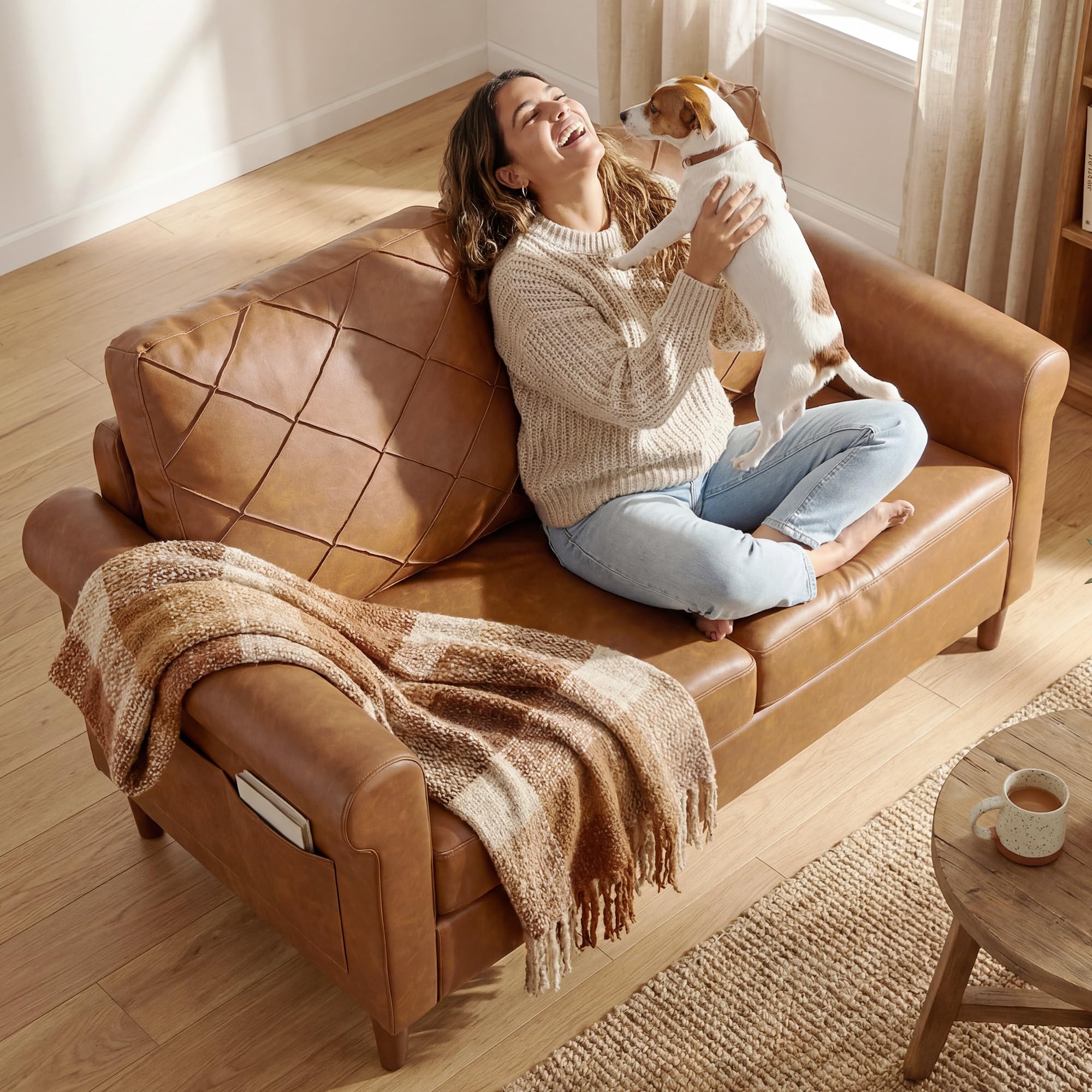 HOMCOM Sofá de 2 Plazas Sofá Moderno Tapizado en PU 134x71x82 cm Marrón | Cojín Grueso, Respaldo con Costuras, Asiento Amplio, Patas de Madera Maciza, Salón, Dormitorio, Oficina