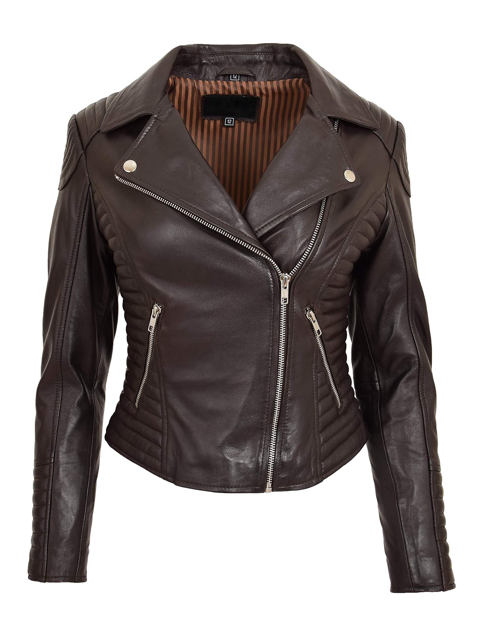 Womens Real Leather Biker Jacket Cross Zip Slim Fit Style Anna (14, Brown)