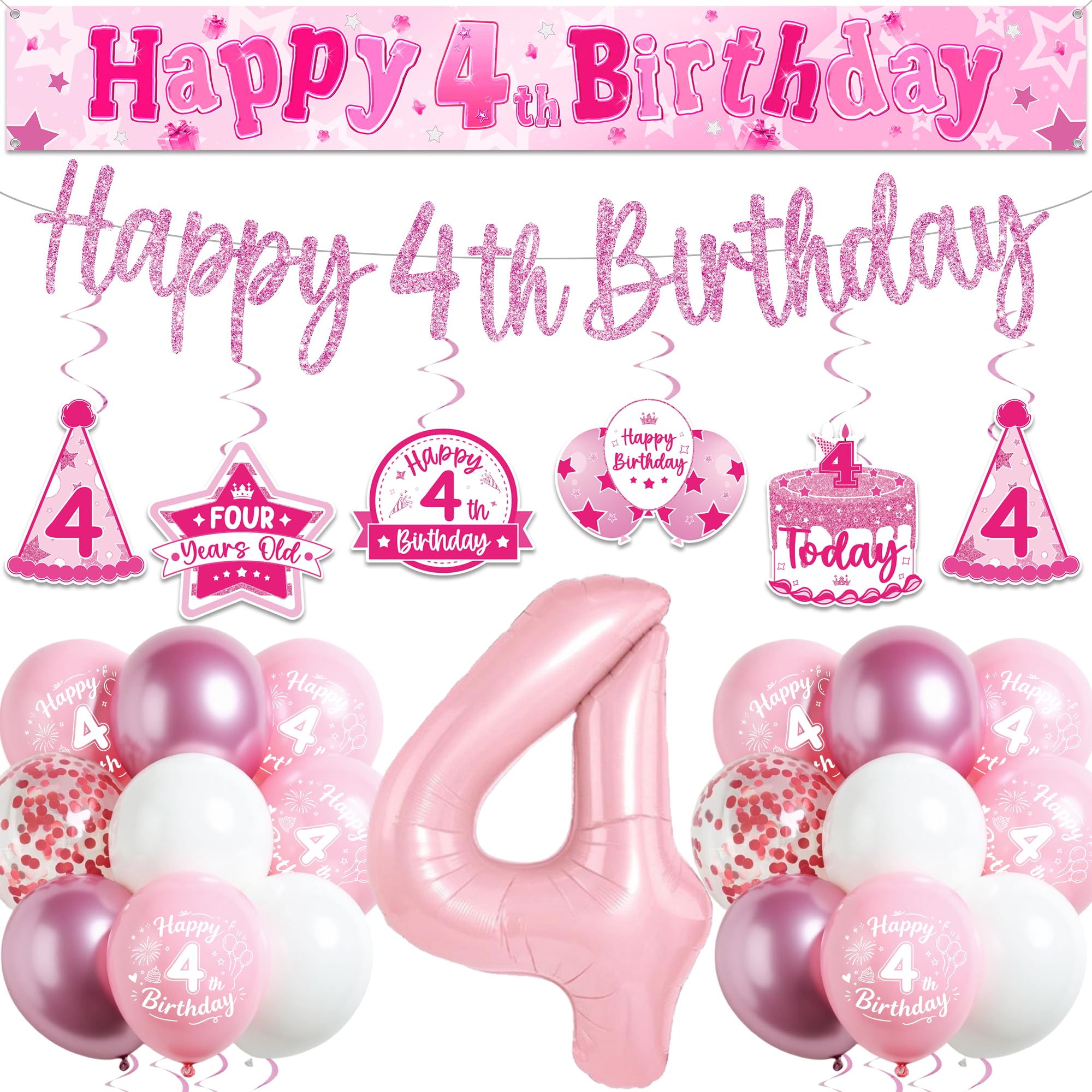 4th Birthday Decorations for Girls, Pink 4 Years Old Party Supplies