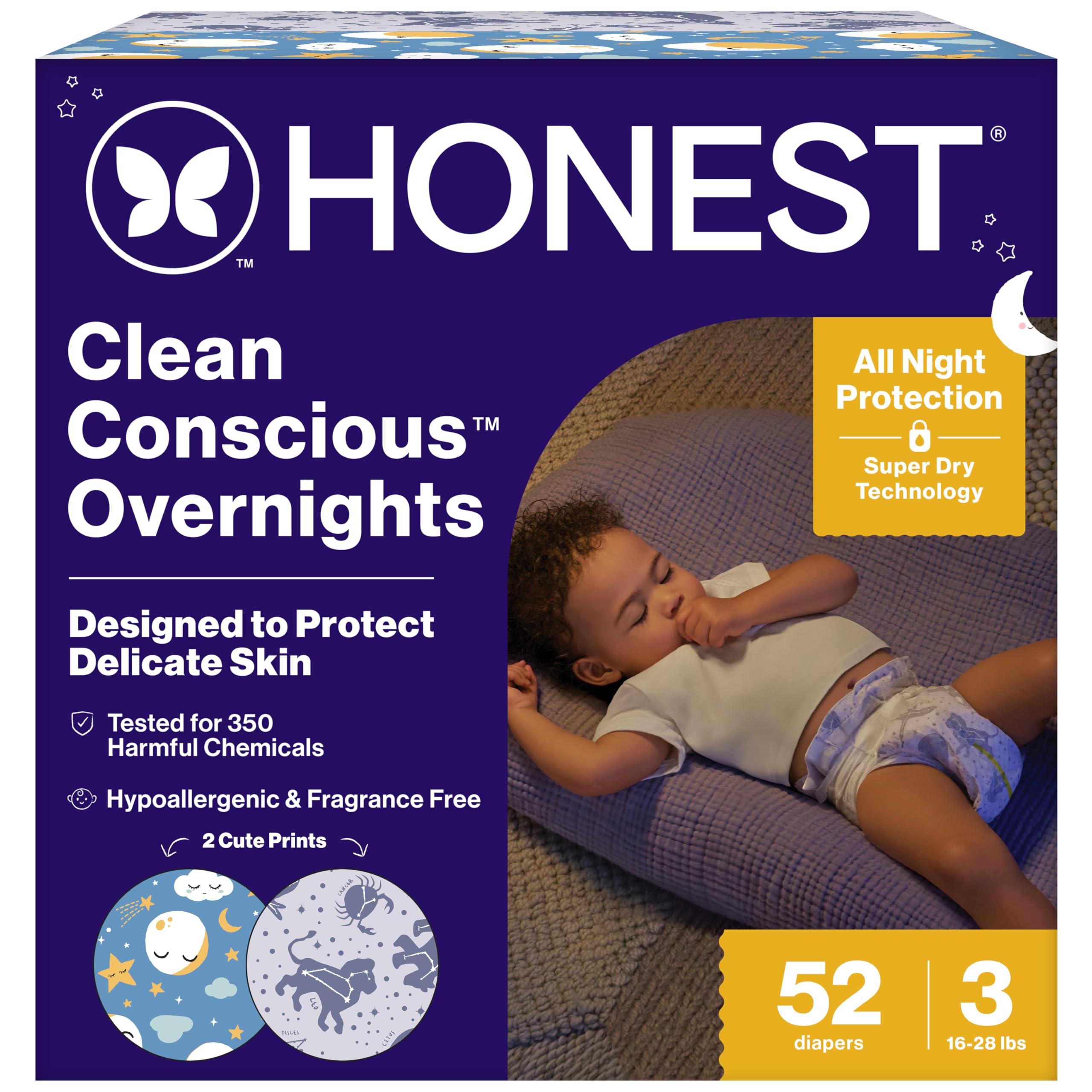 Comfort Dry Disposable Overnight Diapers for Sensitive Skin, Hypoallergenic, Baby Cozy Cloud and Star Signs Design Club Box Size 3 (16–28 lbs) 52 Count