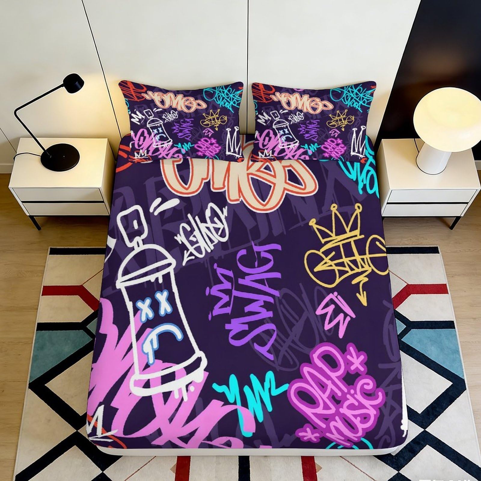 3D Printed Graffiti Street Art Fitted Sheet Microfiber Colourful Urban Spray Bed Cover for Bedroom Dorm Decor 90x200x25cm