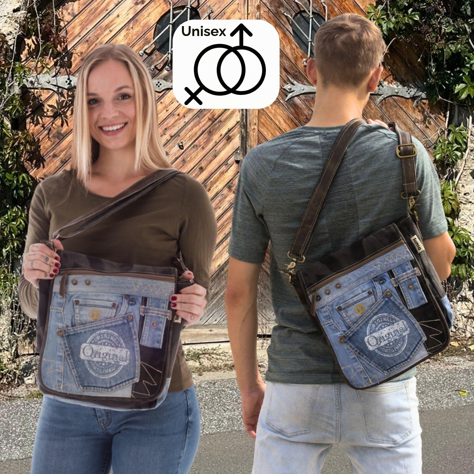 Sunsa Messenger Tasche Umhängetasche aus recycelte Jeans & Canvas Unisex