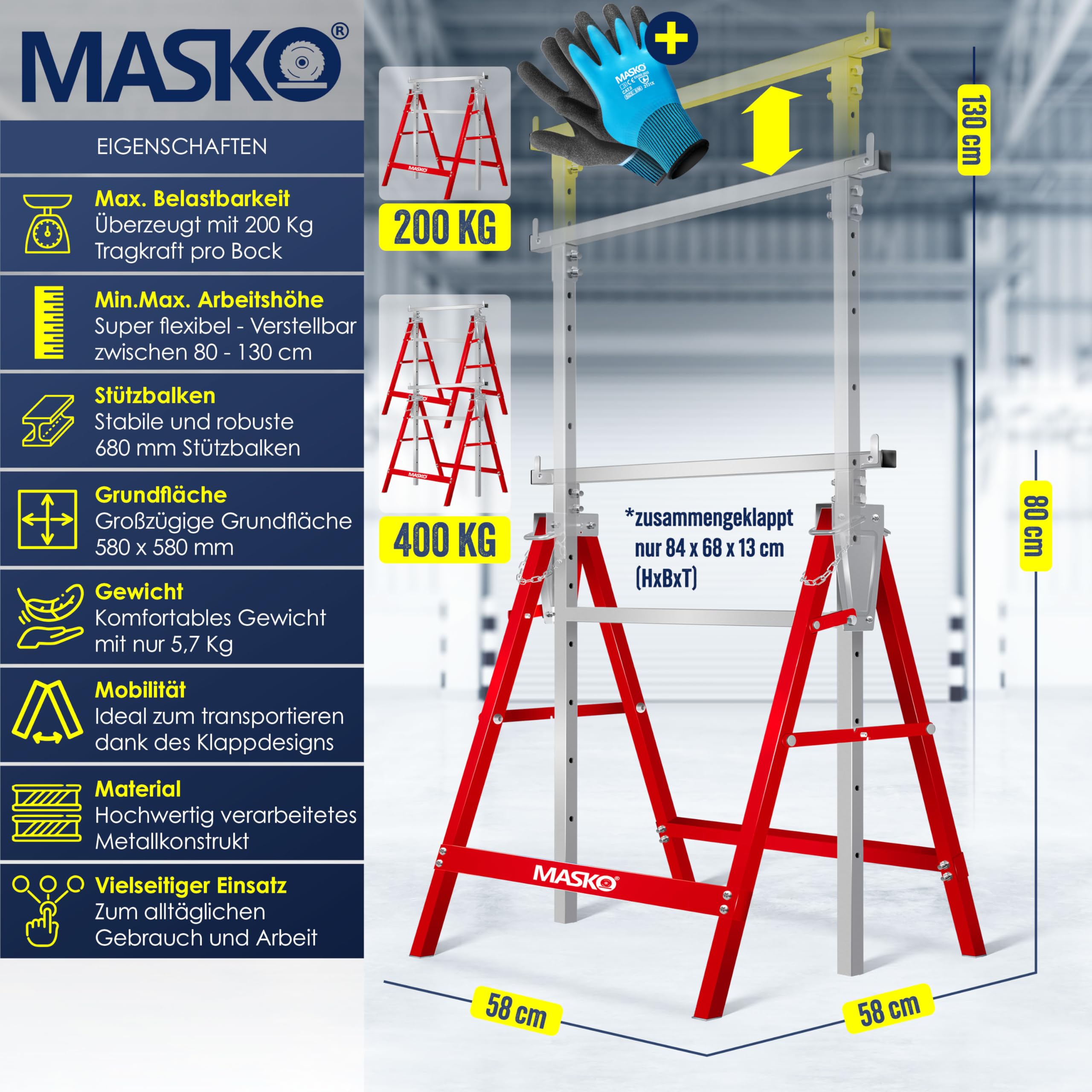 MASKO® Teleskop-Arbeitsbock Untergestell 2-er Set | Klappbock max. Belastbarkeit 200 kg | Unterstellbock höhenverstellbar Min. / max. Arbeitshöhe 800-1300 mm | Gerüstbock inkl. Handschuhe | Rot