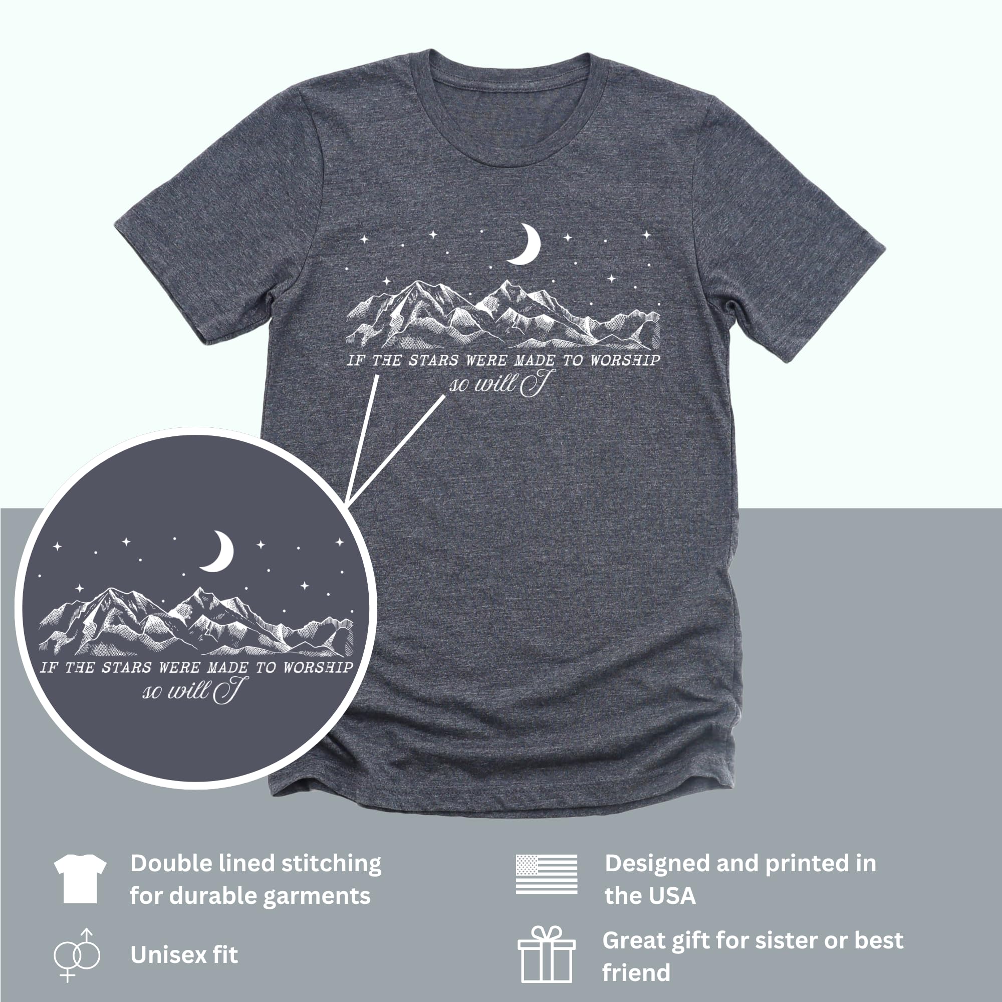 Kite and Crest If The Stars were Made to Worship So Will I T-Shirt - Jesus Shirt Christian Tee Tops - Mountain Design Apparel Dark Heather