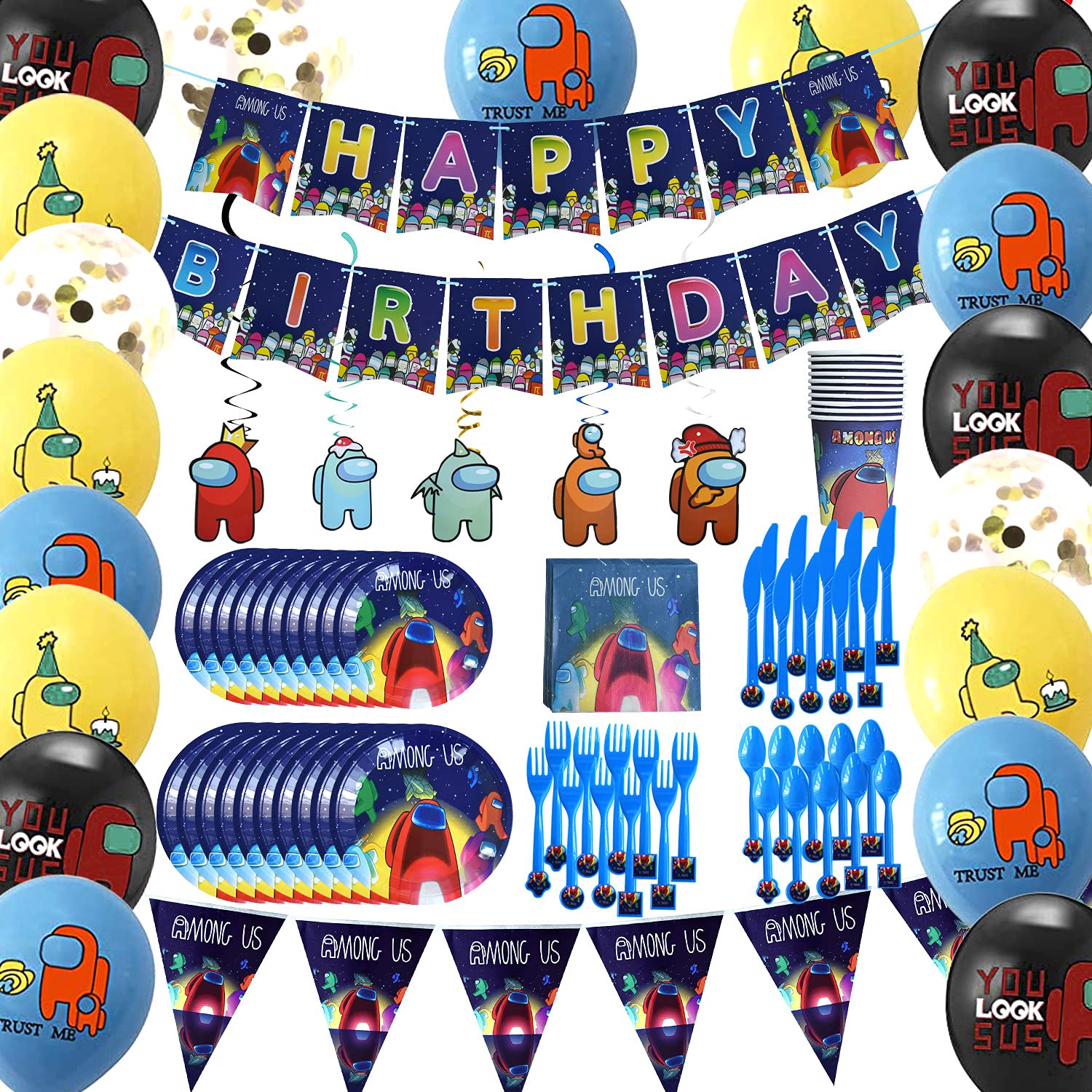 Eleena 170pcs Set among-us Video Game Party Supplies tableware & Decoration Birthday Spoons, Fork, Knives, Plates, Banner, Napkins, Balloons for Kids Boy
