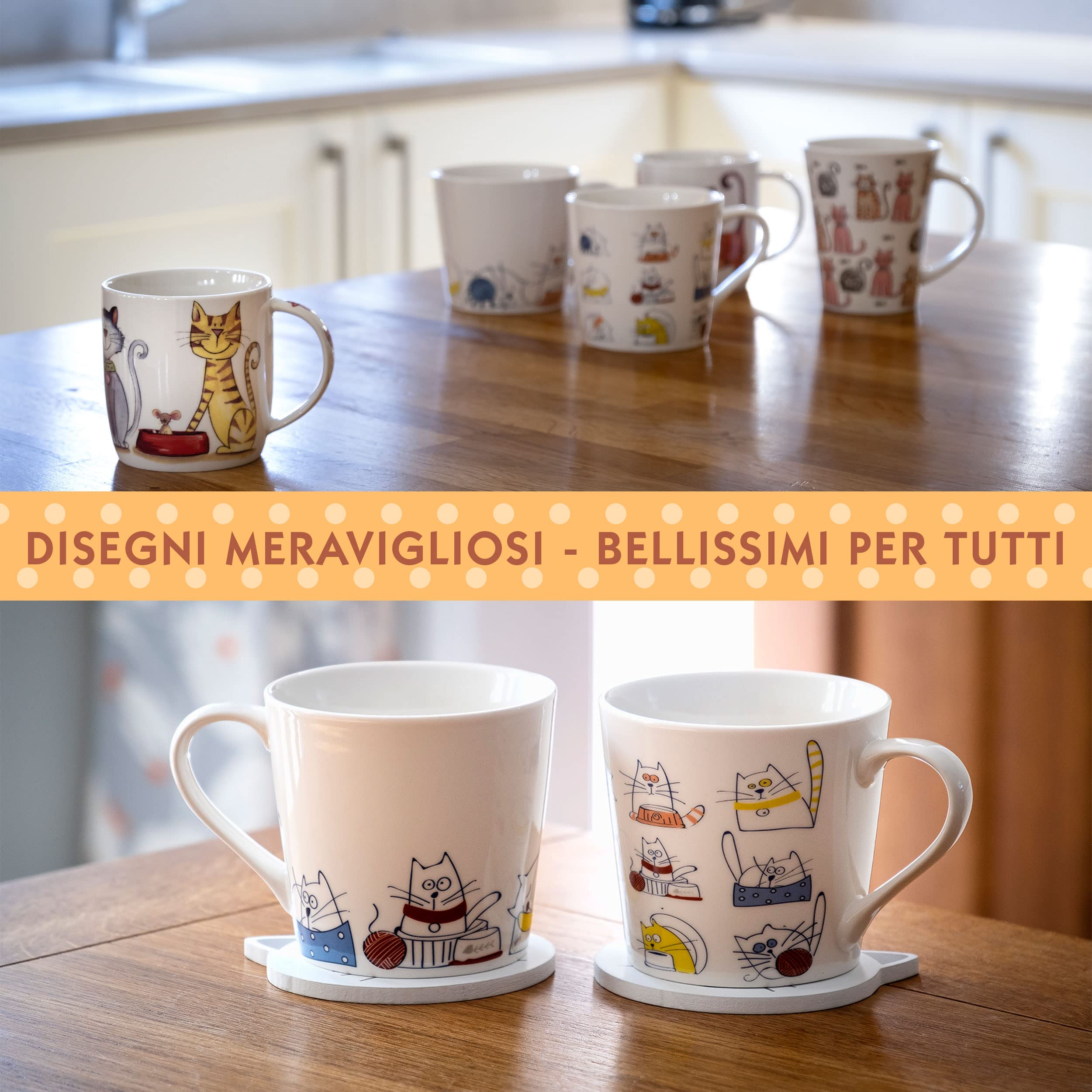 SPOTTED DOG GIFT COMPANY Set di 4 Tazze Gatto da Caffè in Ceramica 380 ml per Caffè e Tè, Tazze con Gatti Divertenti, Regalo per Gattara, Donna e Uomo