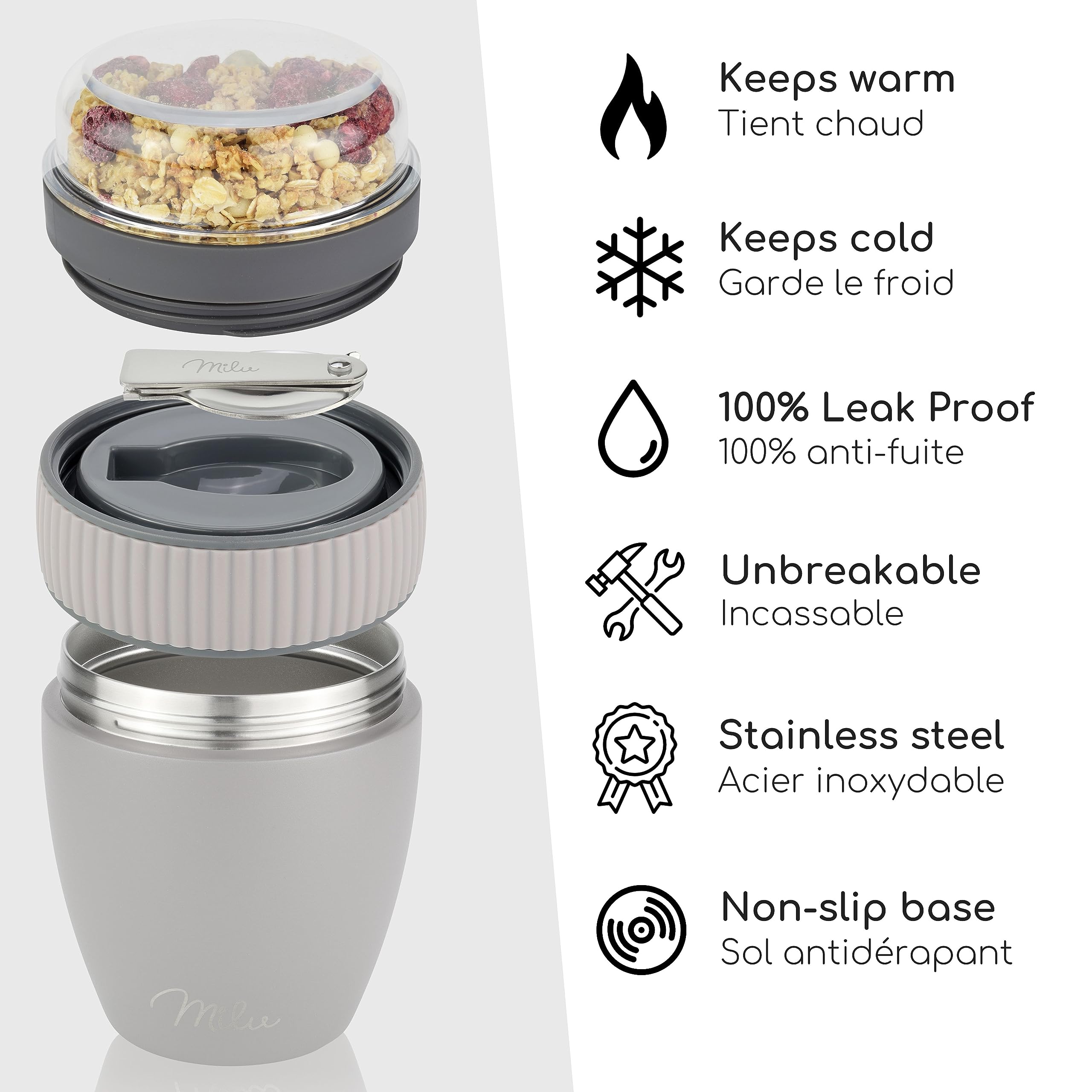 Milu Gobelet à Emporter 400ml en Acier Inoxydable - Isolé pour Muesli, Yaourt, Porridge - Anti-Fuite avec Cuillère (Gris Taupe)