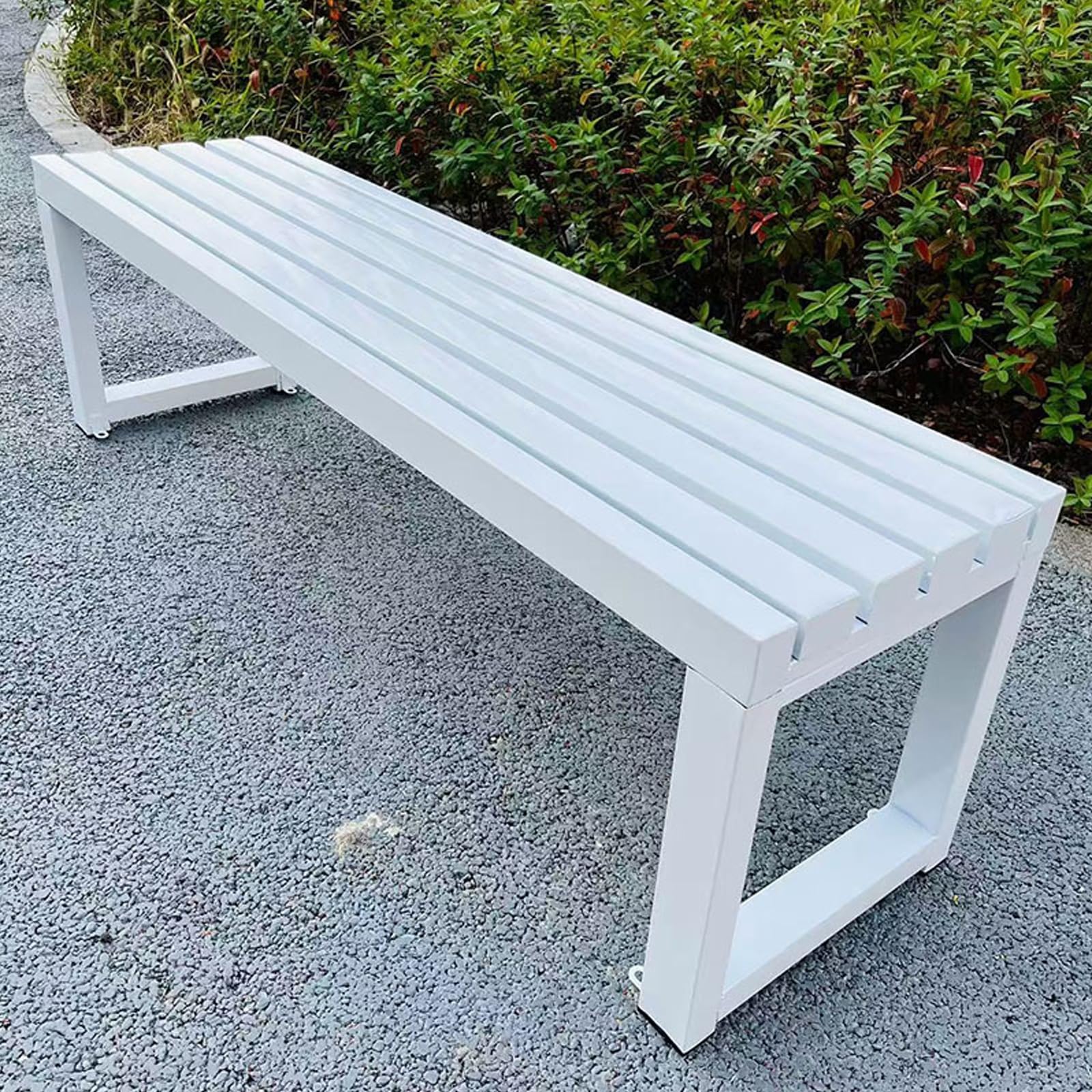 Banco de jardín de metal resistente a la intemperie de 180 cm, elegante banco de parque para jardín, patio, terraza, patio trasero, acabado blanco