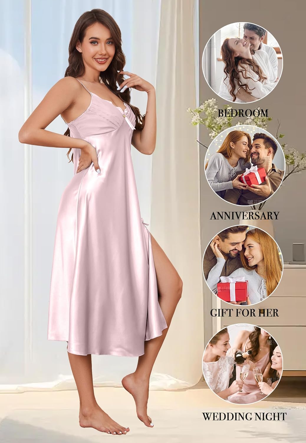 ALCEA ROSEA Satin Nightgown Long Silky Slip dress Sleeveless sexy with slit Slip dress V neck - Image 4