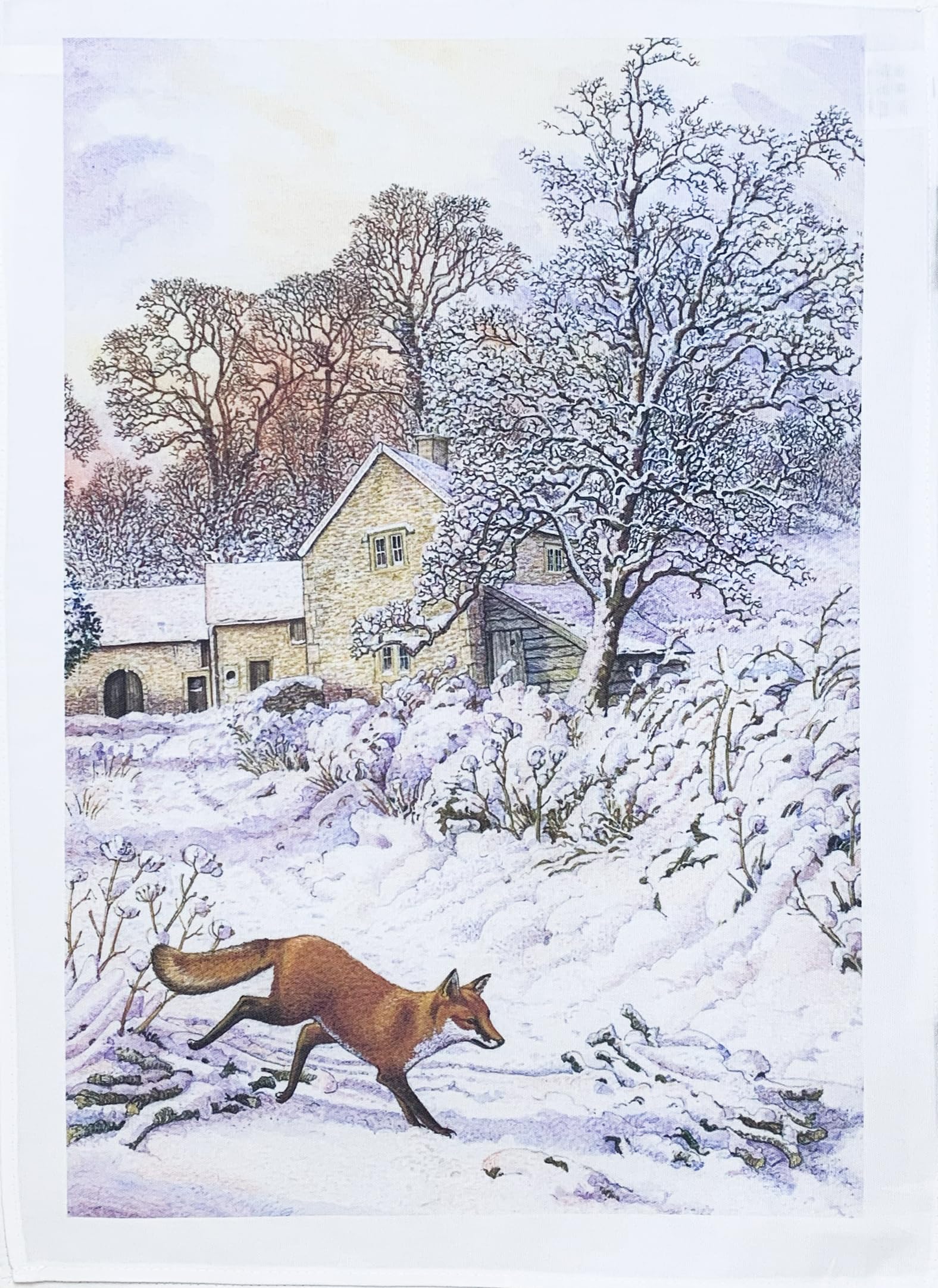 Half A Donkey White Fox In The Snowy Country Lane Large Cotton Tea Towel