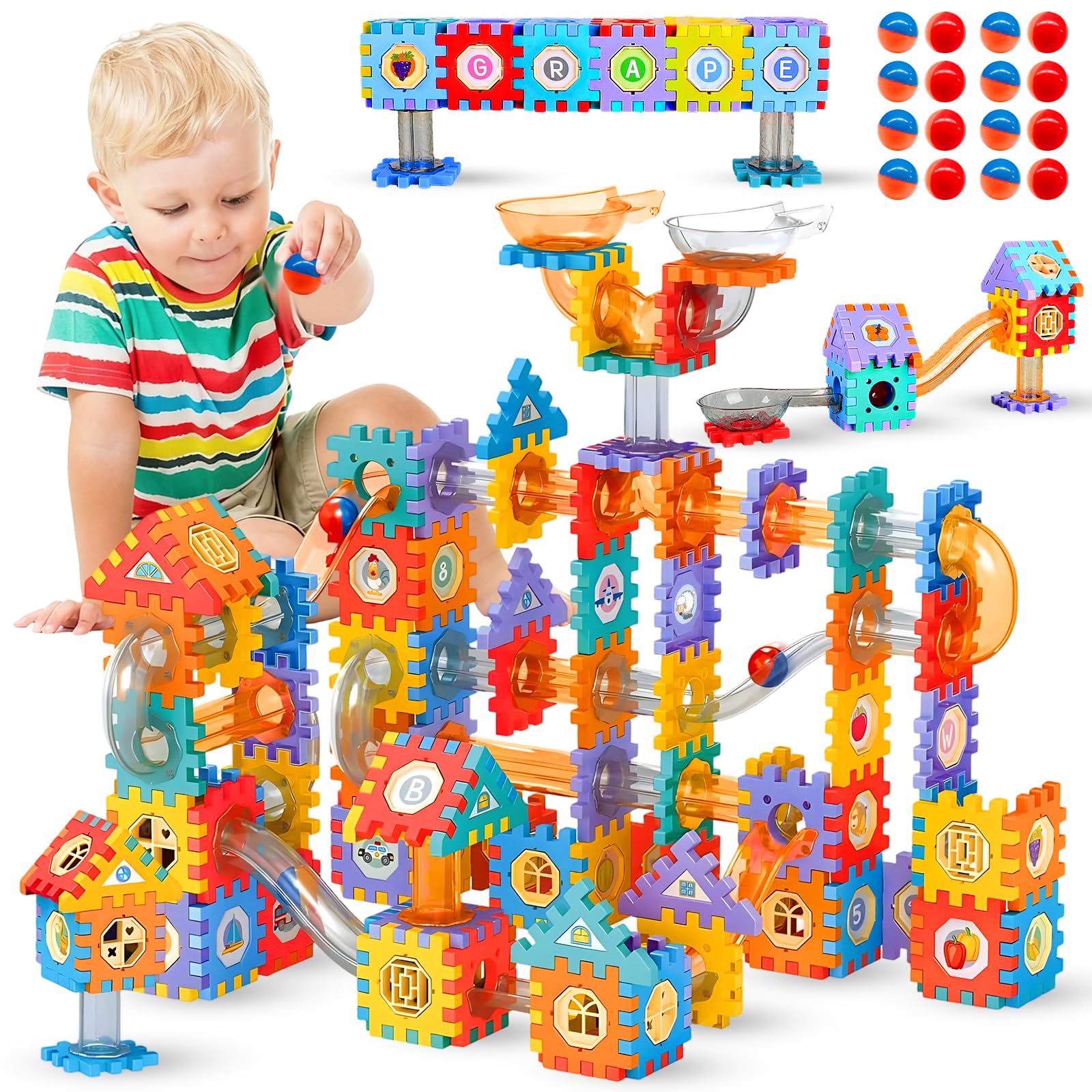 Marble Run Track Building Blocks Toy Set, 248 PCS Marble Runs Game for Kids 3-12, Race Track Building Blocks with Storage Bag, STEM Learning Educational Construction Toys Gift for Boys Girls Age 3+
