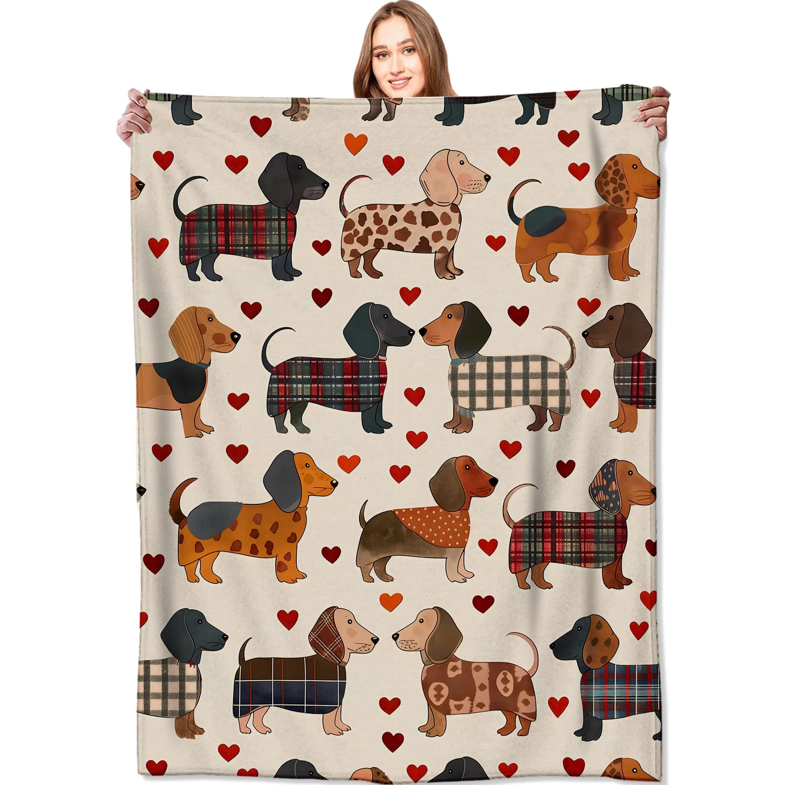 Dachshund Love - Manta con diseño de perro salchicha, color crema, regalos para niños, adultos, mujeres y hombres, forro polar suave y ligero, diseño de corazón a cuadros, para sofá, cama,