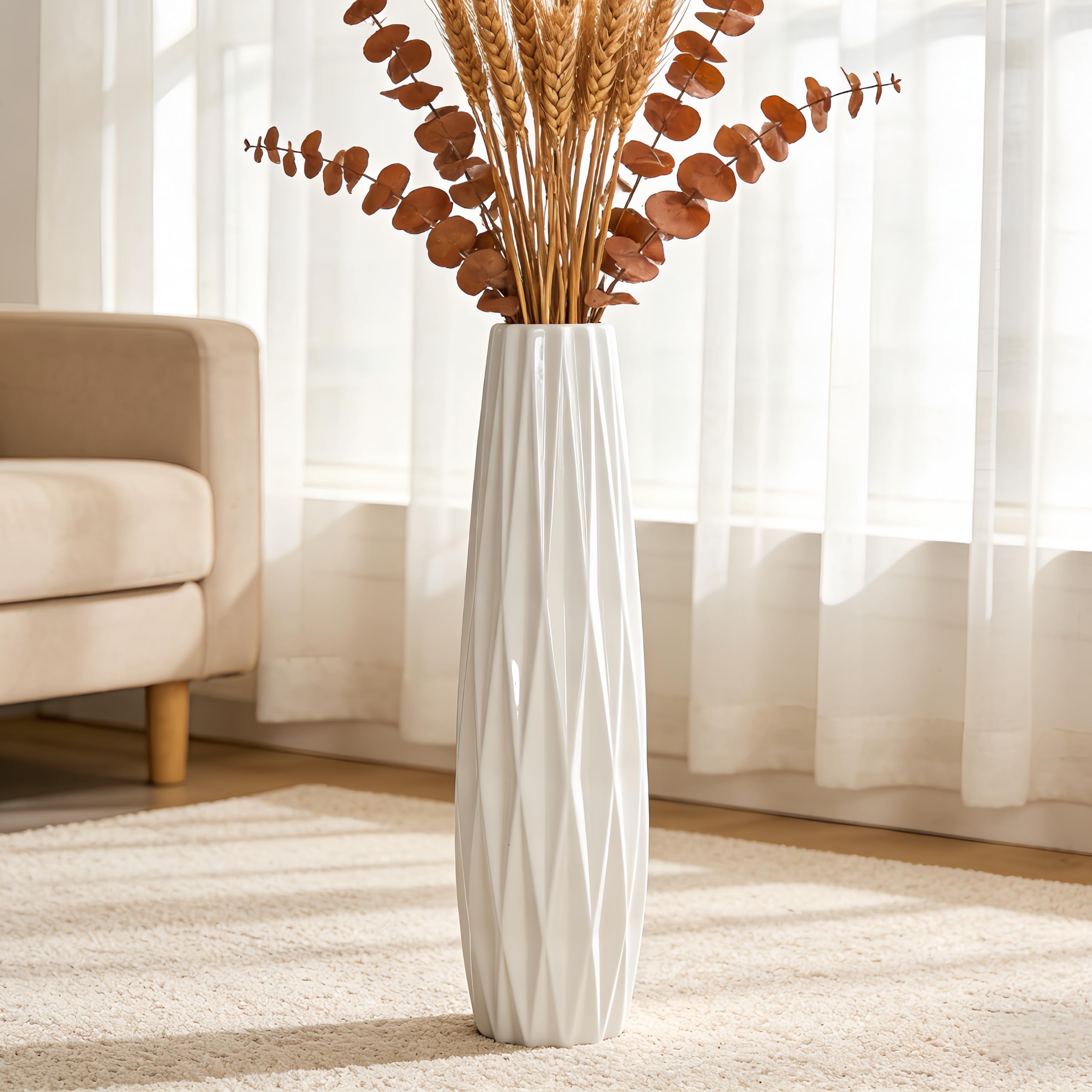Weiße Keramikvase Bodenvase 24 Zoll/60 cm hoch Boden Blumenvase Halter dekorative große Vasen für Tisch Tafelaufsätze Regal Home Decor Wohnzimmer getrocknete Blumen Arrangement einfache Vase
