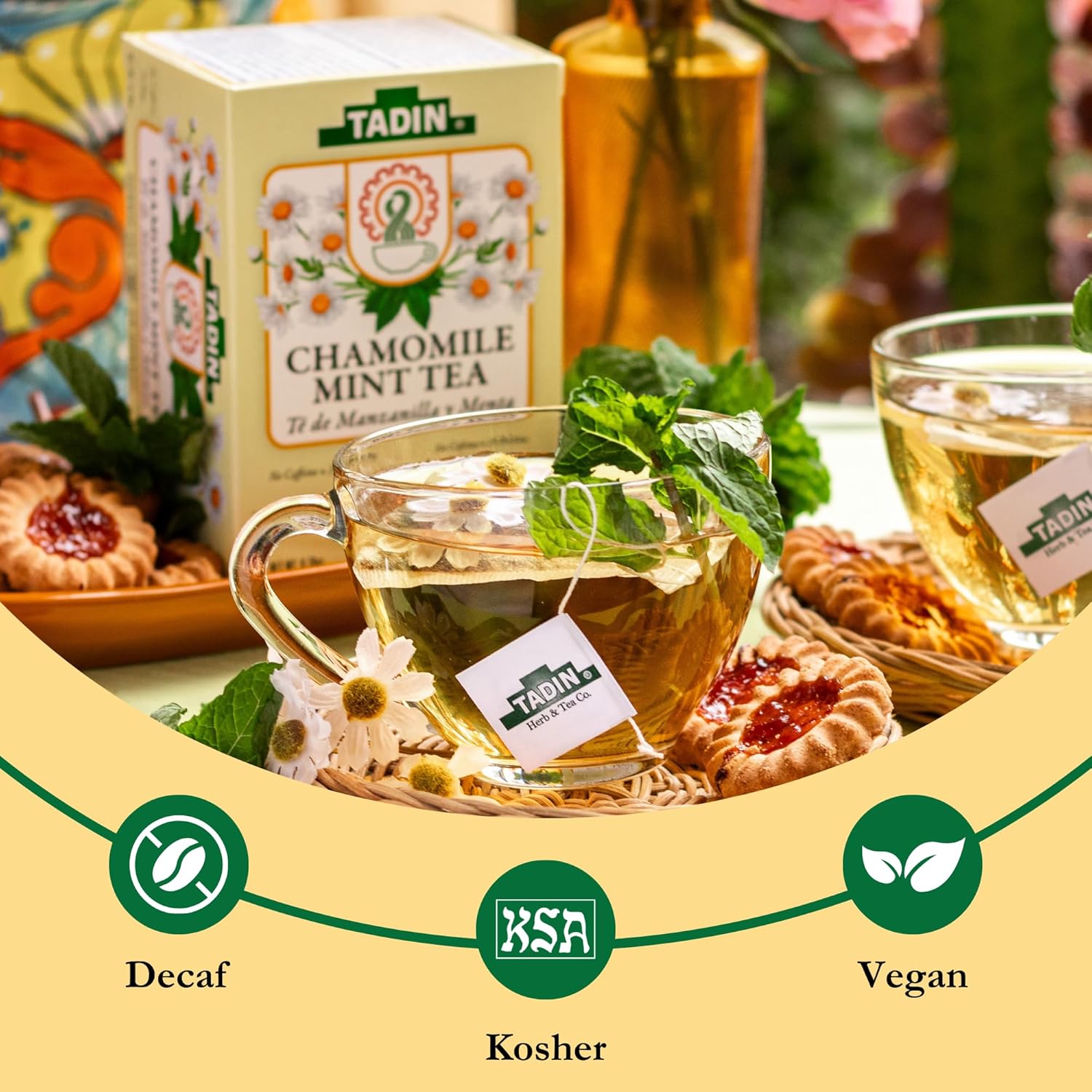 Tadin Chamomile & Mint Tea, Herbal Tea, Caffeine Free Tea, Tea Bags Individually Wrapped, 24 Tea Bags Per Box, Pack of 6