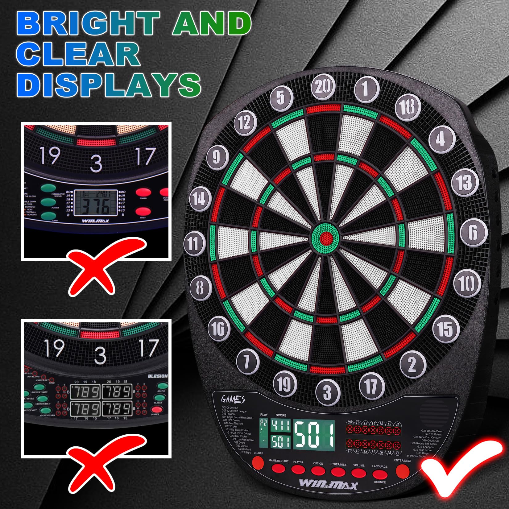 WIN.MAX Bersaglio elettronico per freccette con punta morbida, display a LED, 3 lingue con 12 freccette 100 punte adattatore di alimentazione