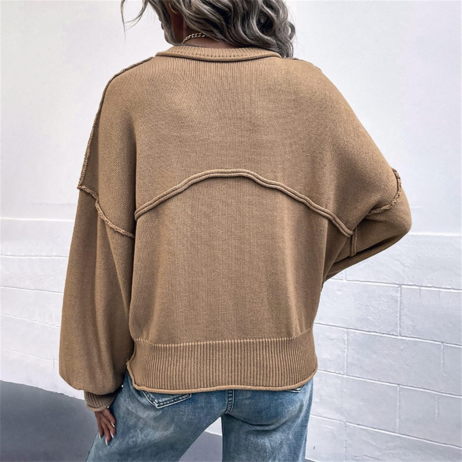 Size S..DGHM-JLMY Women's Reverse Pocket Sweater Lantern Sleeve Sweater Fall Clothes Fashion Solid Sleeve Lantern Sweater Clothes
