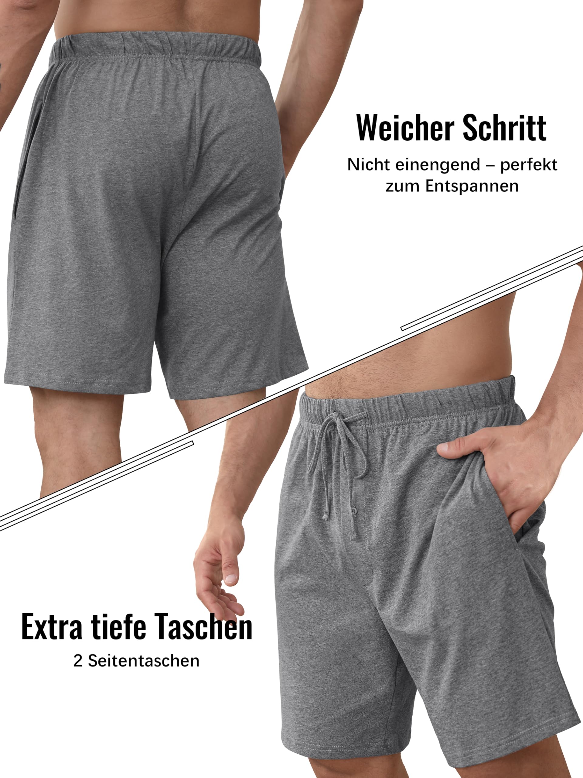 IHU 3er Pack Schlafanzughose Herren Kurz Baumwolle Sommer Kurze Schlafhose Pyjama-Hose Loungehose mit Elastischem Bund und Taschen