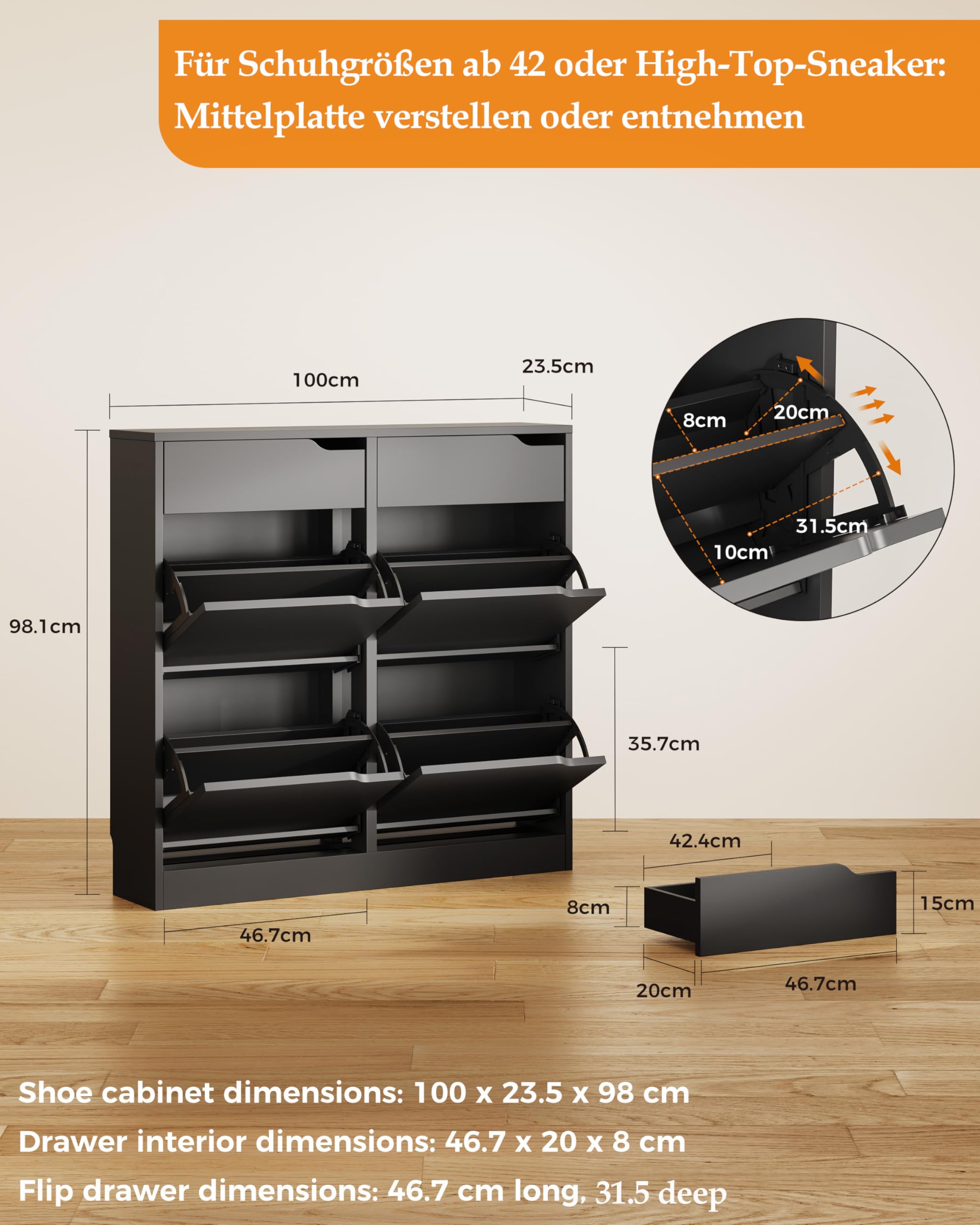 IRONCK Schuhschrank mit 4 Klappen, Schuhkipper Schmal mit 2 Schubladen, freistehendes Schuhregal, Schuhkommode mit verstellbaren Trennwände, Schuhablage Schrank für Flur Eingang, Wohnzimmer (Schwarz)
