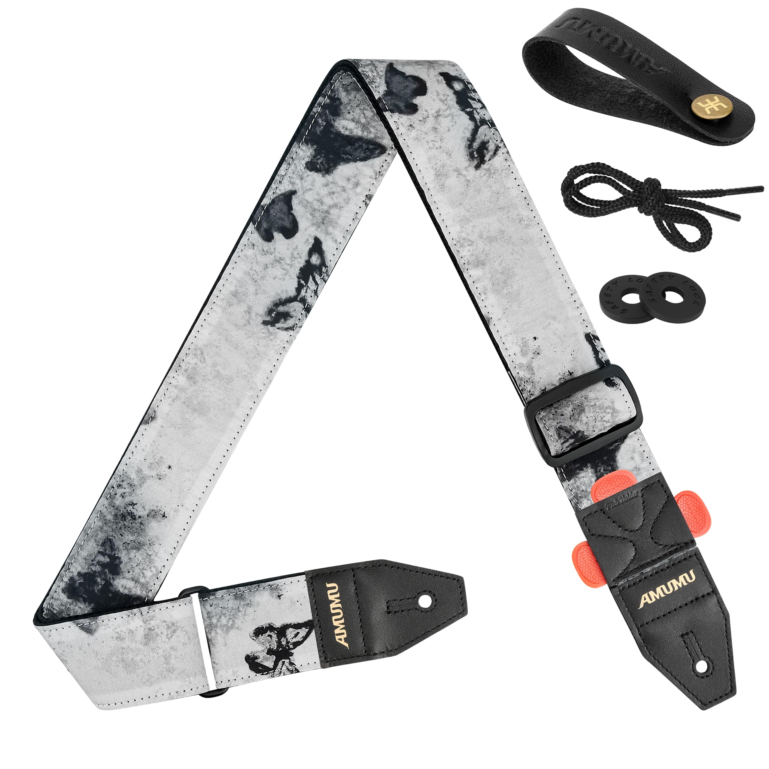 Amumu Unisex Noir Butterfly Guitar Strap – Artistic Printed Polyester With Top-Grain Leather Ends, Quick-Fetch Pick Holder, Guitar-Friendly For Acoustic, Electric, Bass Guitars– Adjustable 36''-59''