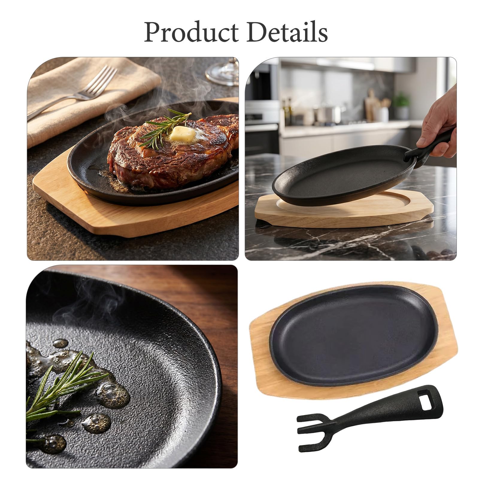 OUNONA Ovales Sizzle Plate Satz aus Eisen mit Abnehmbarem Griff