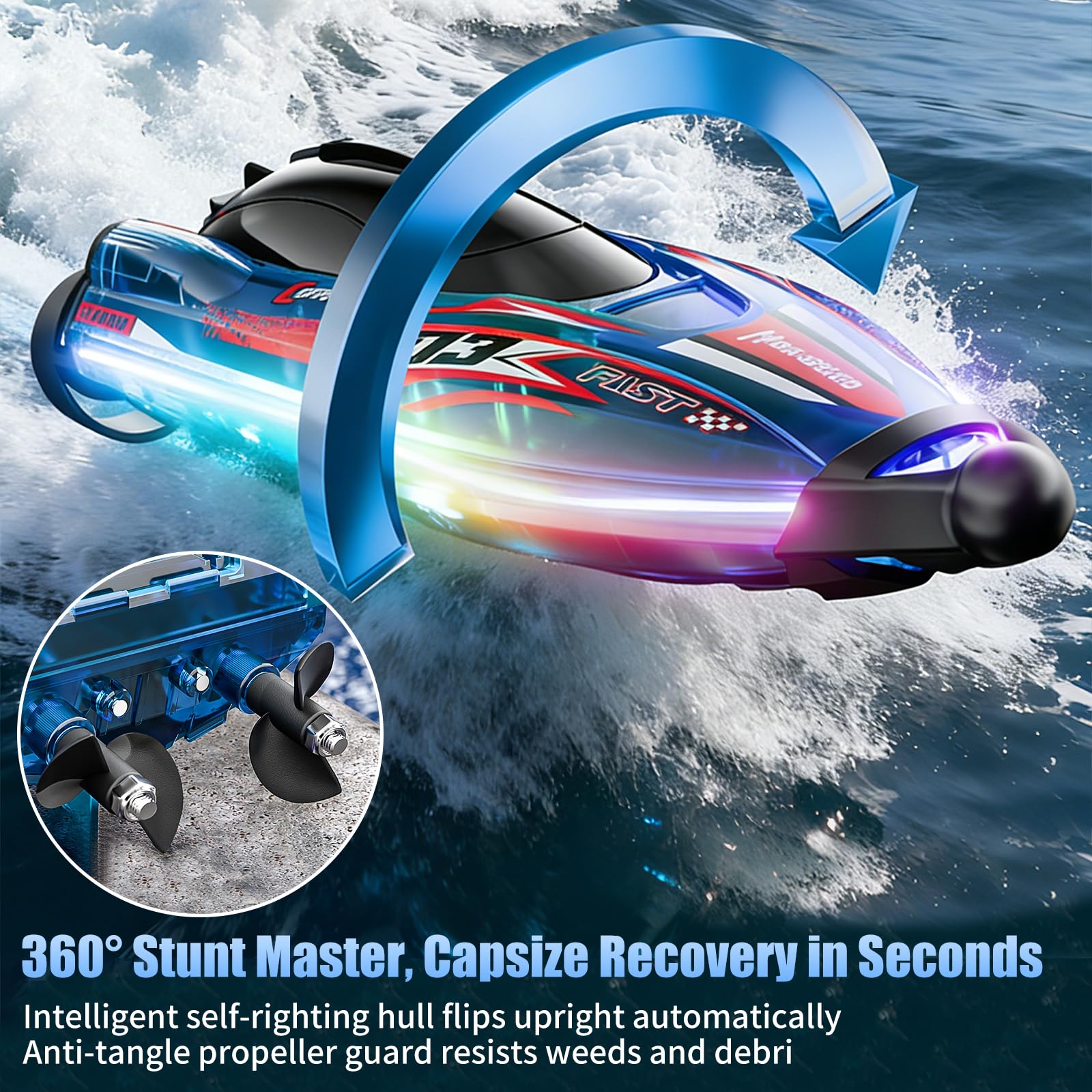 Teledirigido Barco Brusstenless, 2,4 GHz RC Barco con Cool Luz LED | Boat de Carreras Alta Velocidad, Baterías modulares, Impermeable y Anti-vuelco, Juguete de Agua Ideal para 6+ Niños y Niñas